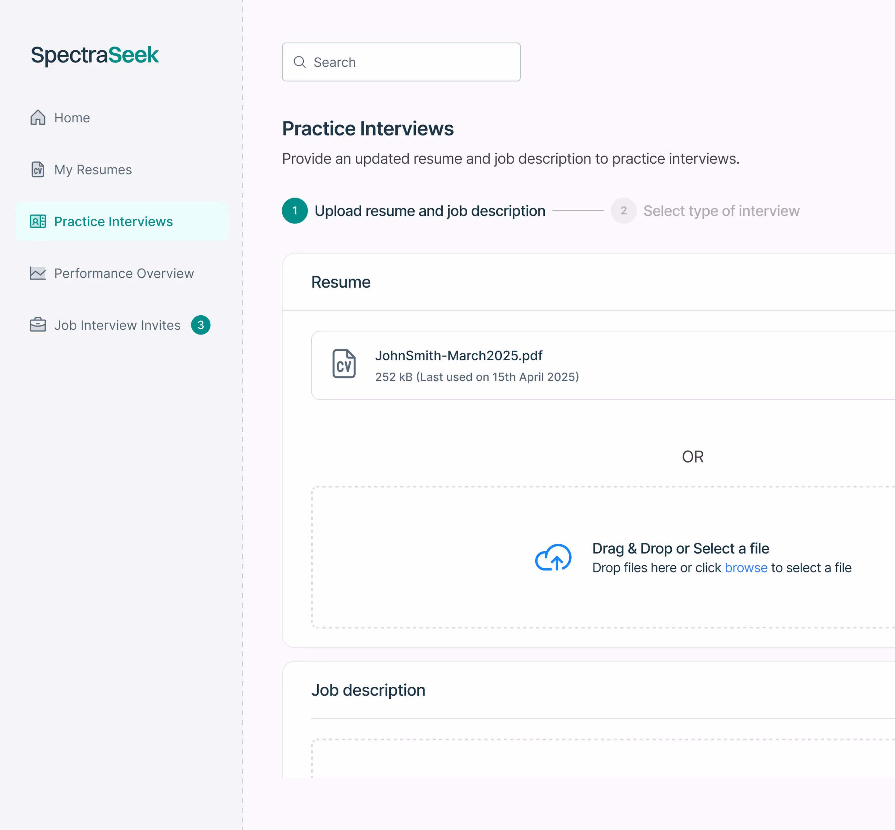 Screenshot of resume and job description upload screen