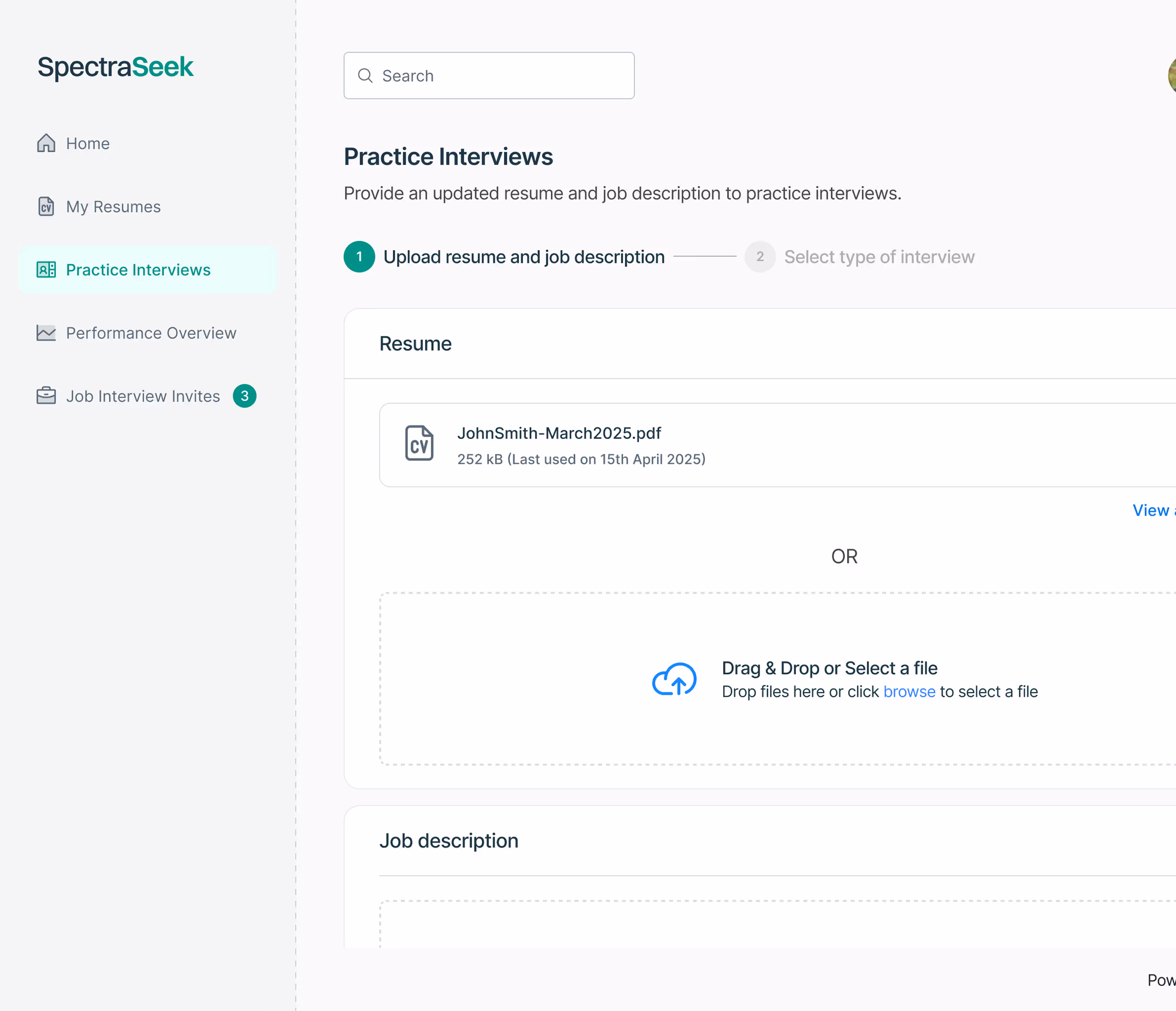 Screenshot of resume and job description upload screen