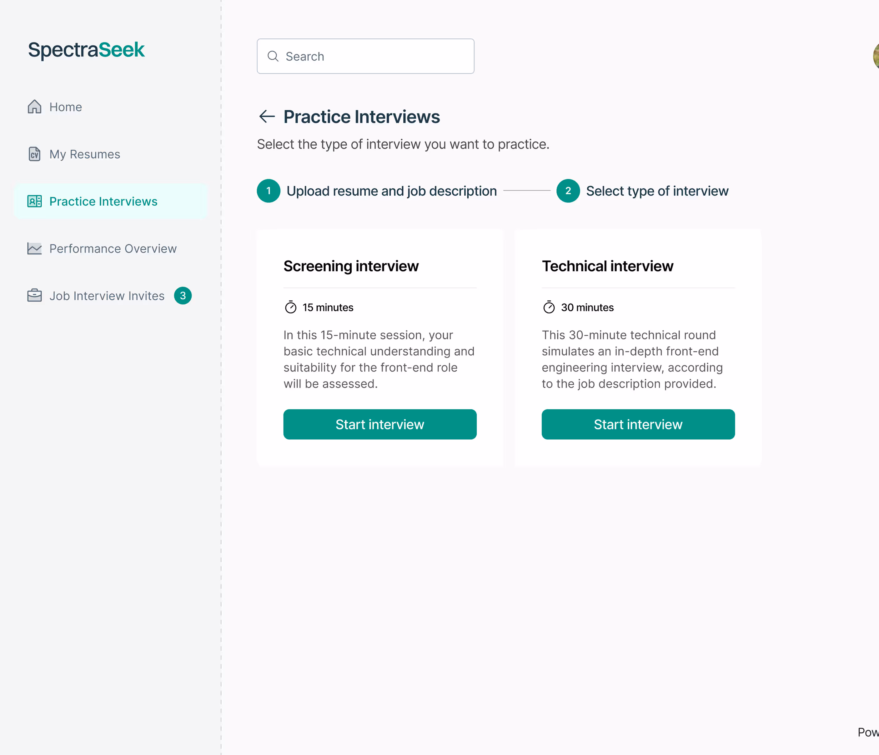 Screenshot of interview type selection selection