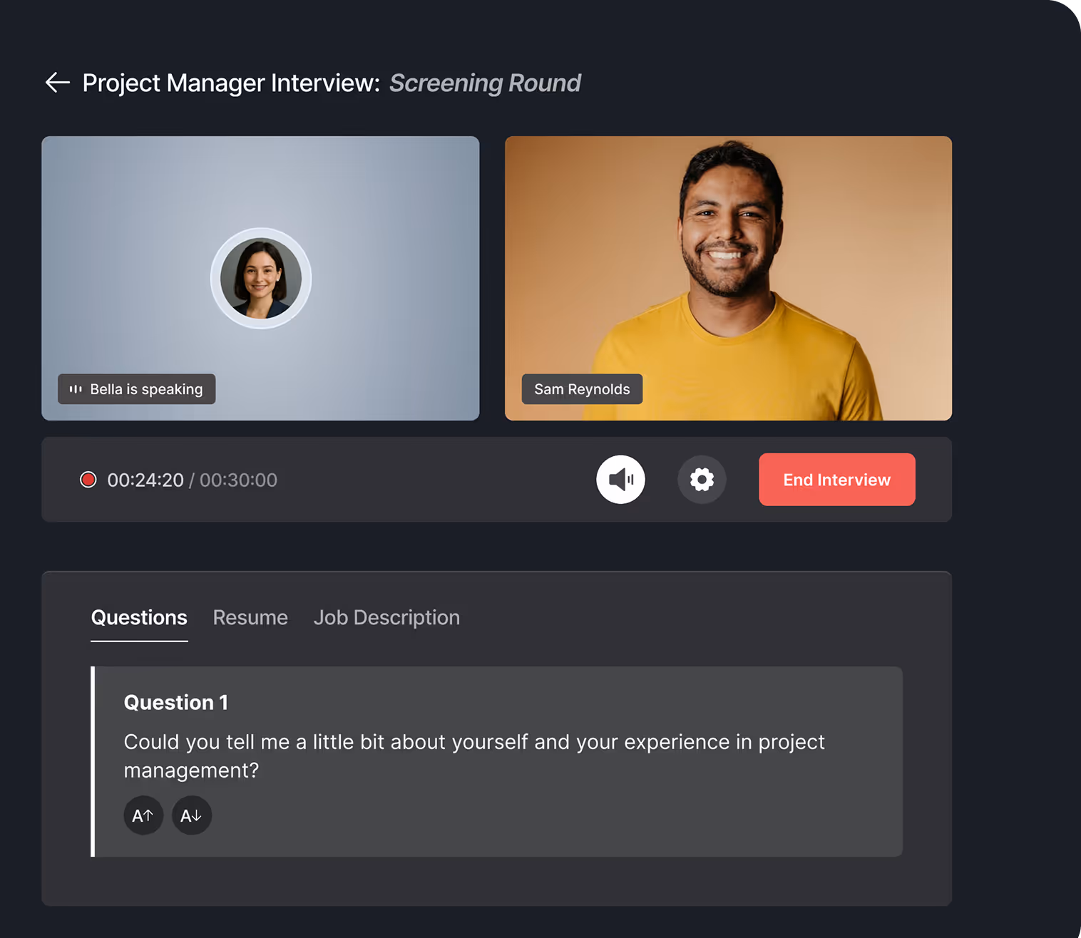 Screenshot of an interview between an AI agent and a human on the SpectraHire platform