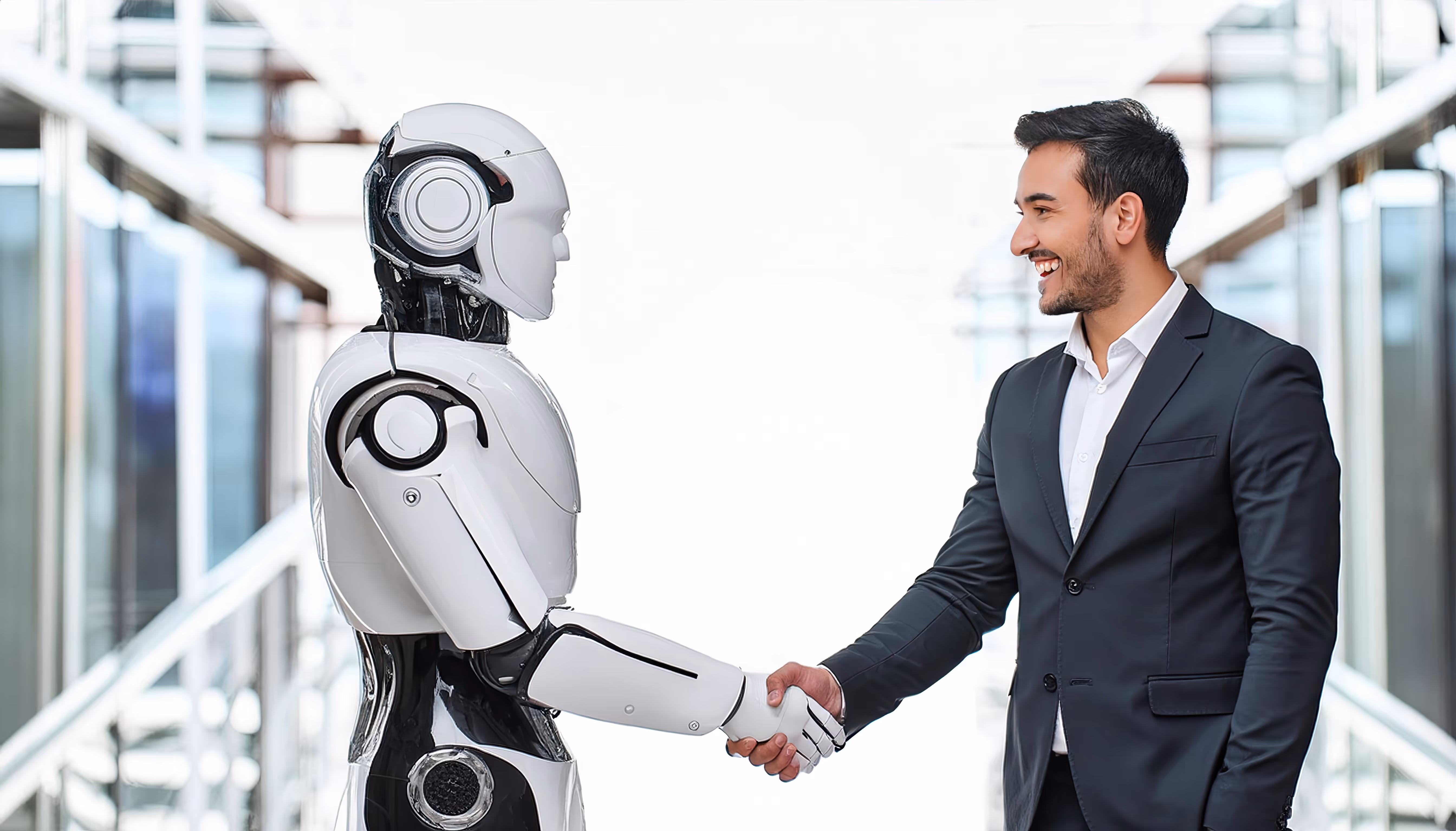 An AI agent shaking hands with a human candidate