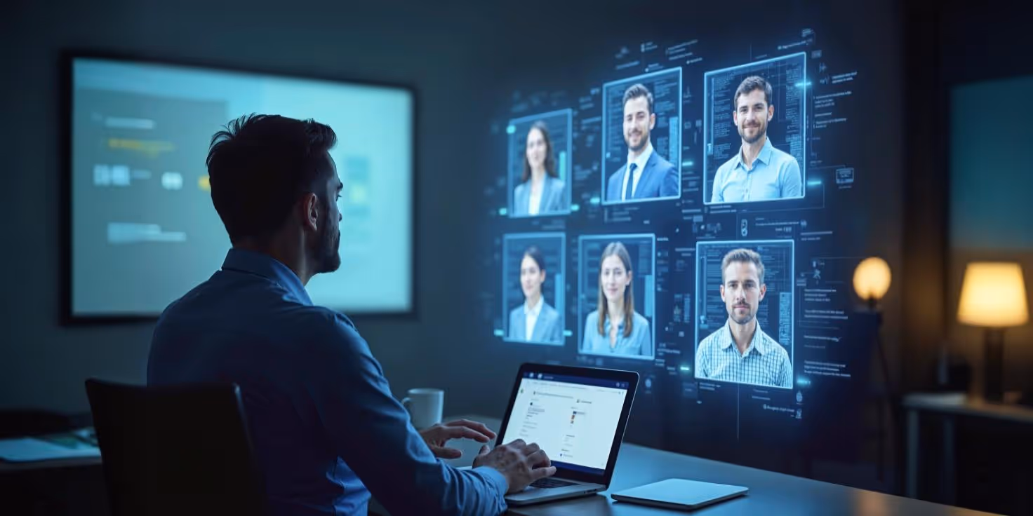 A recruiter looking at candidate profiles on a holographic screen