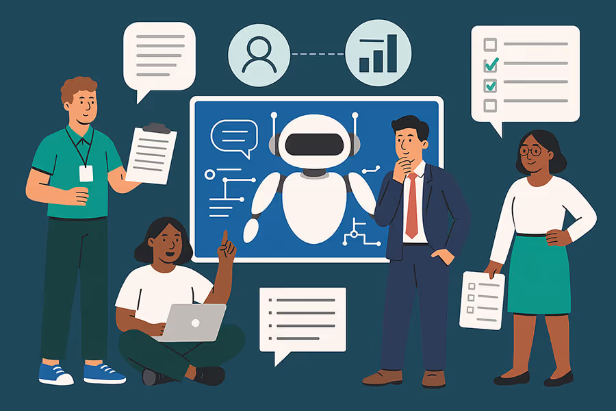 A group of professionals having a work discussion around a board depicting an AI agent