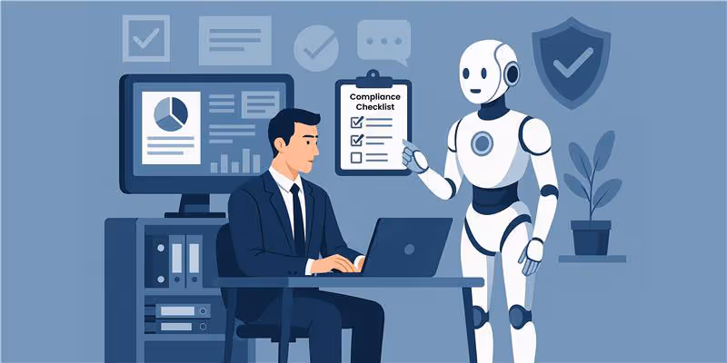 A robot depicting an AI Agent and a human going over a compliance checklist