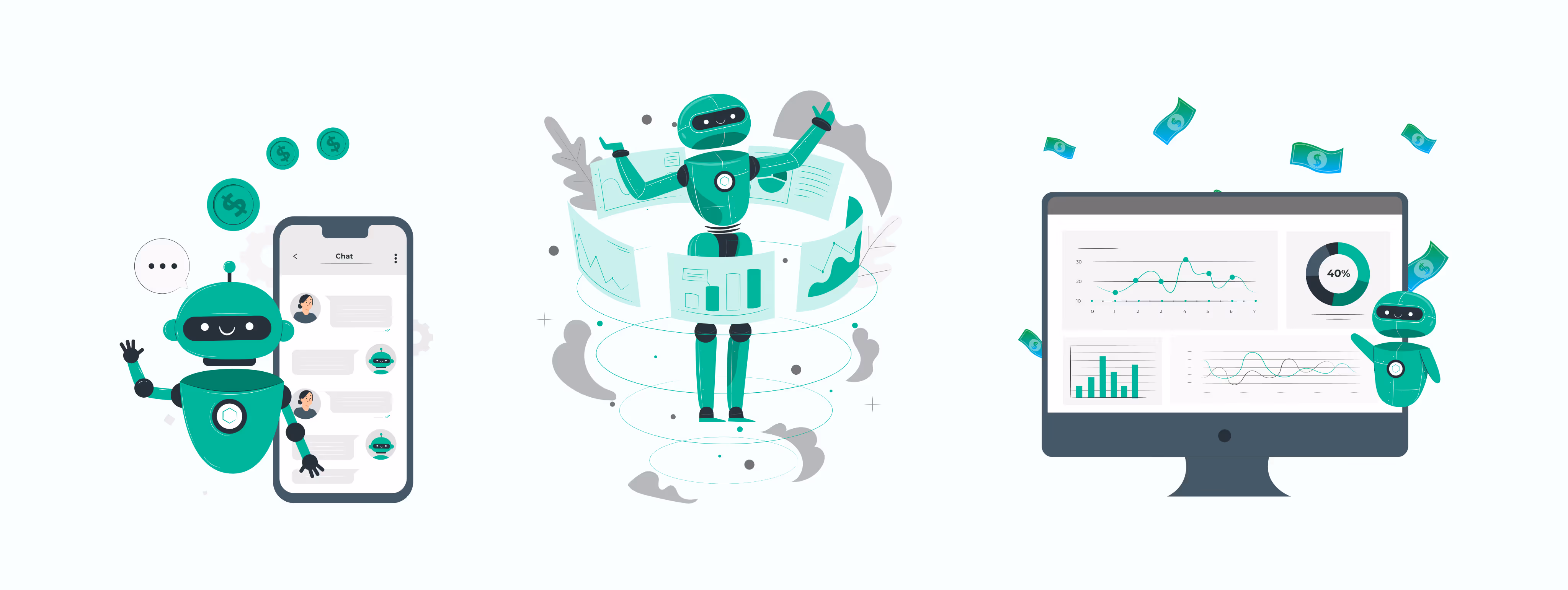 An AI agent showcasing multiple use cases - acting as a chatbot on a mobile screen, reading reports, and providing analysis.