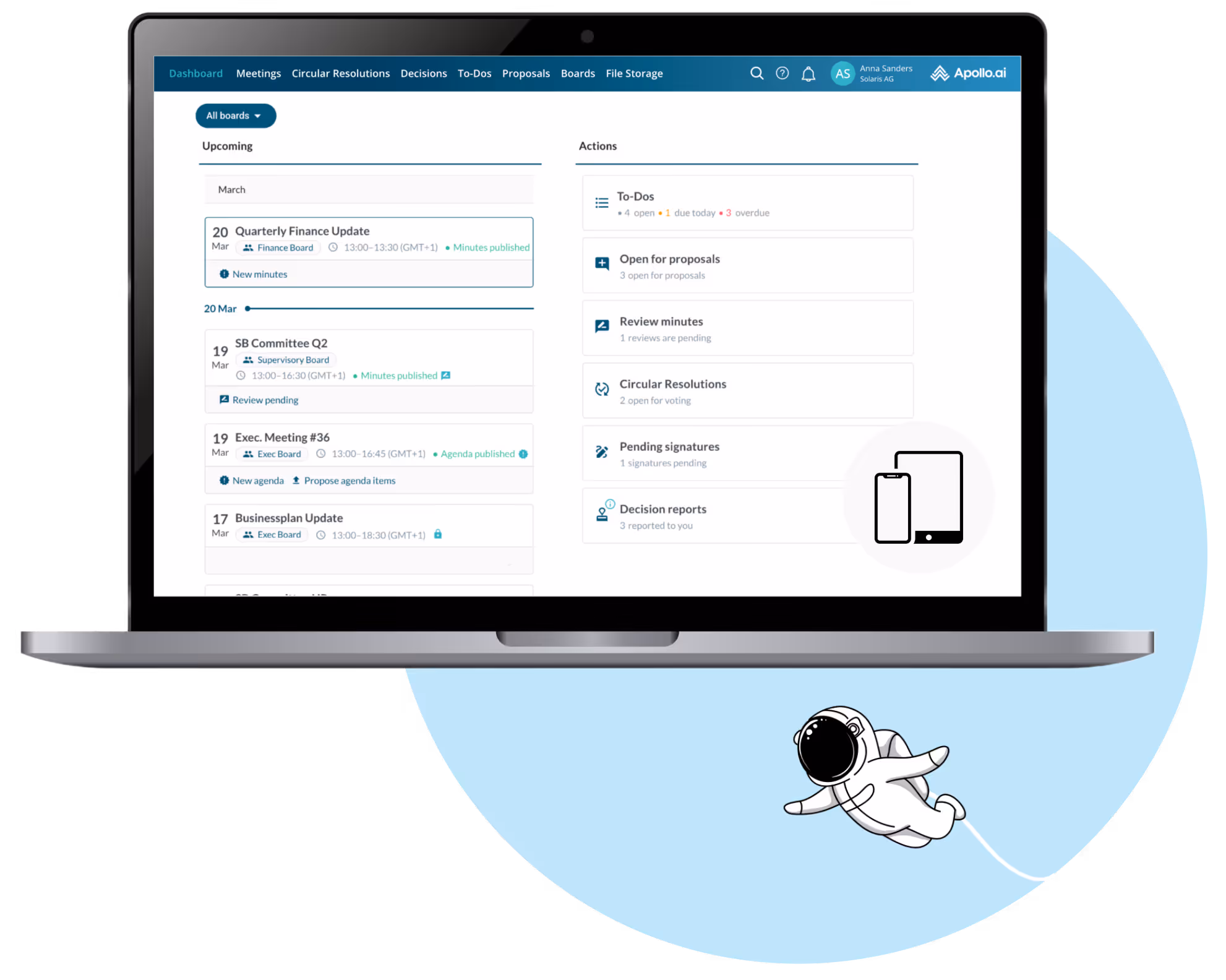 All-in-one dashboard showing meetings and pending actions