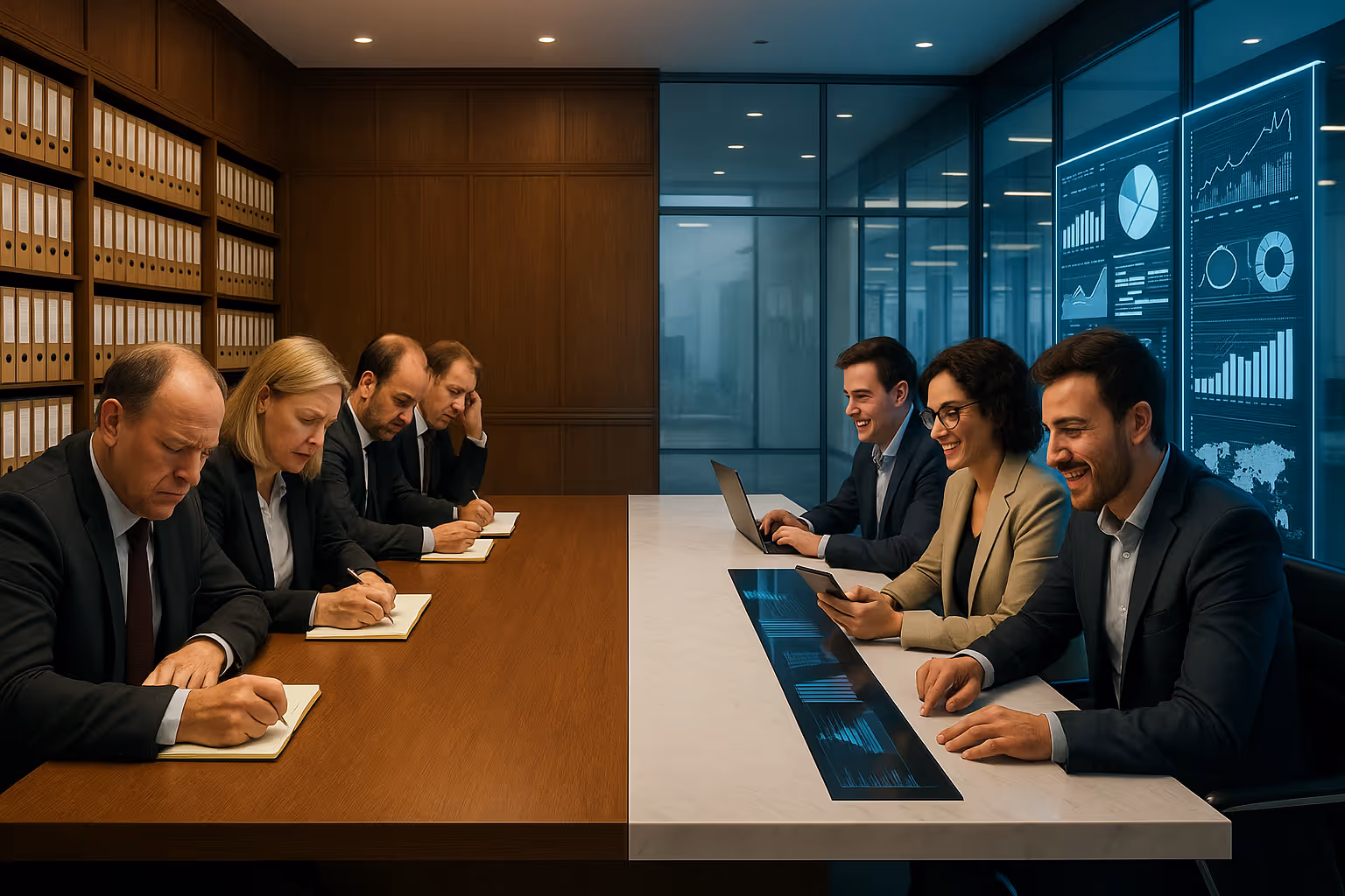 Old-style managers on the left, reading from books and paper notes vs. modern managers on the right, analysing information and graphs on tablets and laptops