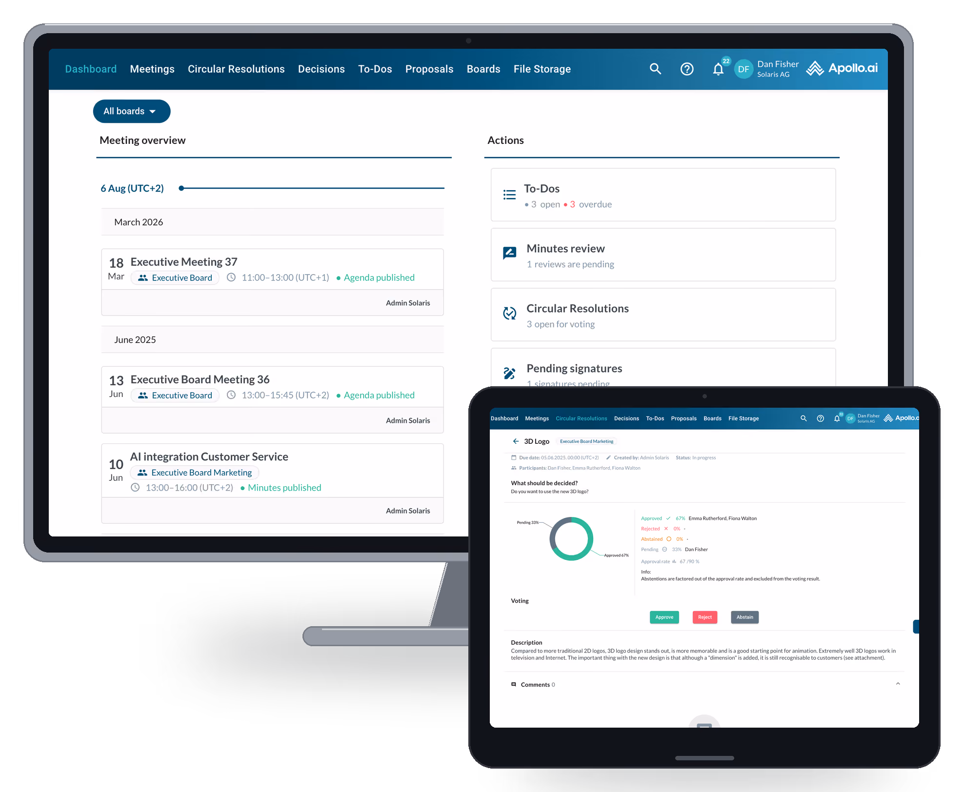 Desktop showing Apollo.ai dashboard with board meeting list and pending action list, next to tablet showing board resolution open for voting with accept/reject/abstain options