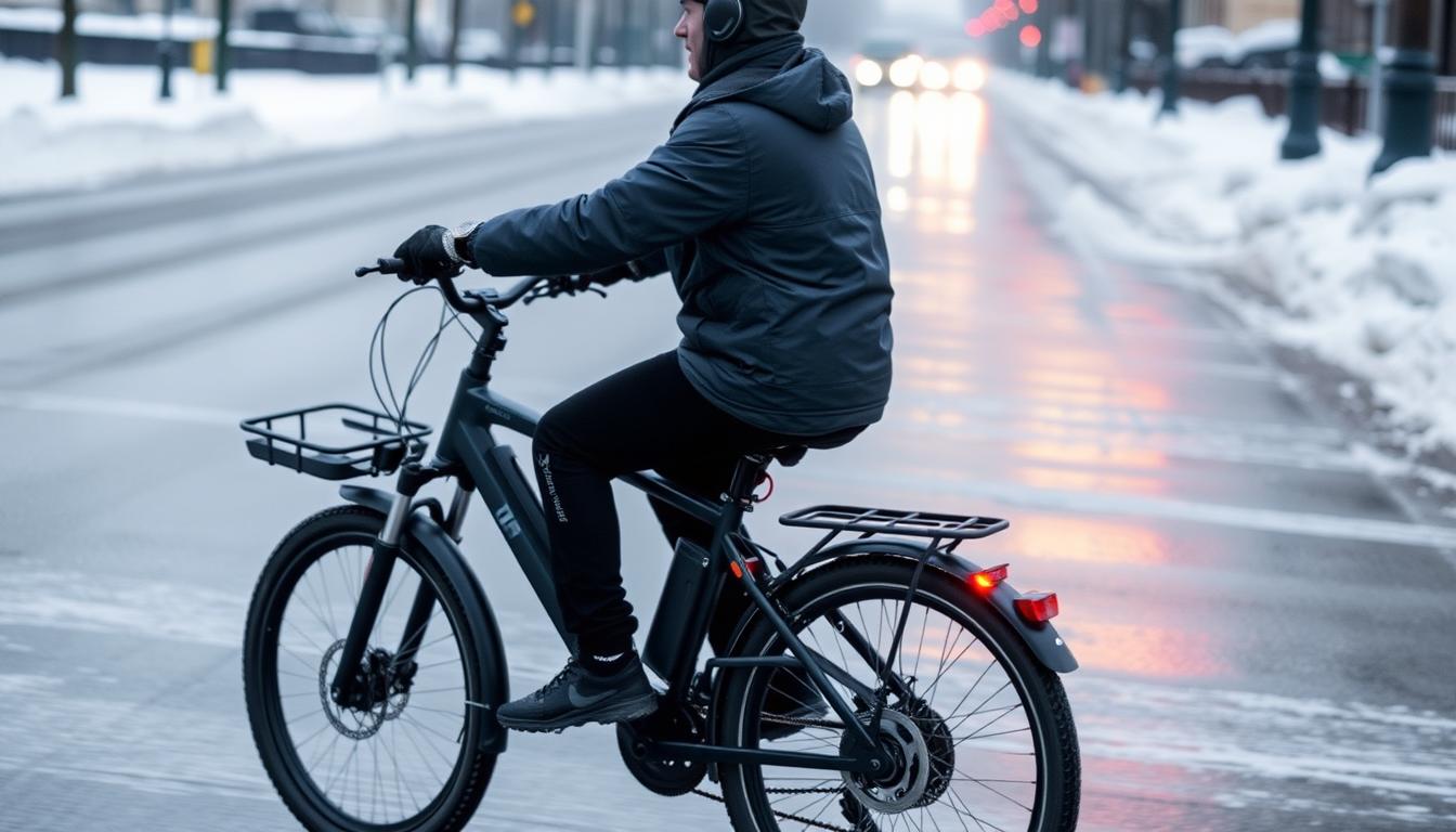 Forens op e-bike in winterse omstandigheden