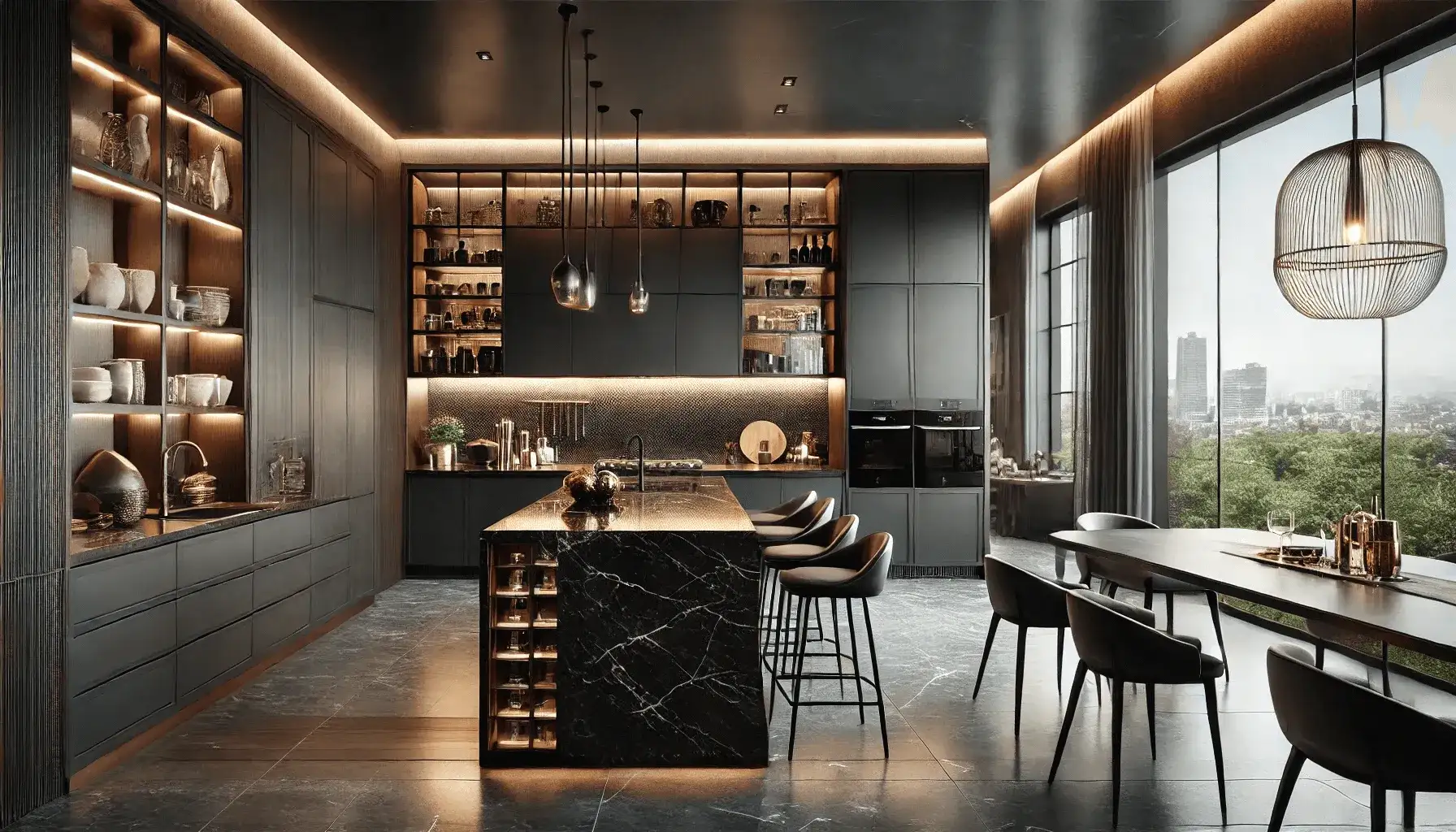 Modern kitchen with dark cabinetry, a black marble island with bar stools, open shelving with dishes, and a dining table near floor-to-ceiling windows overlooking a city view.