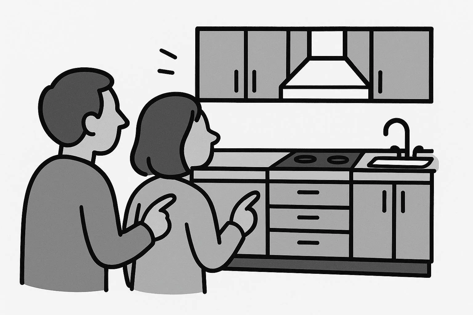 Illustration of a man and woman pointing towards a modern kitchen with cabinets, stovetop, range hood, and sink.