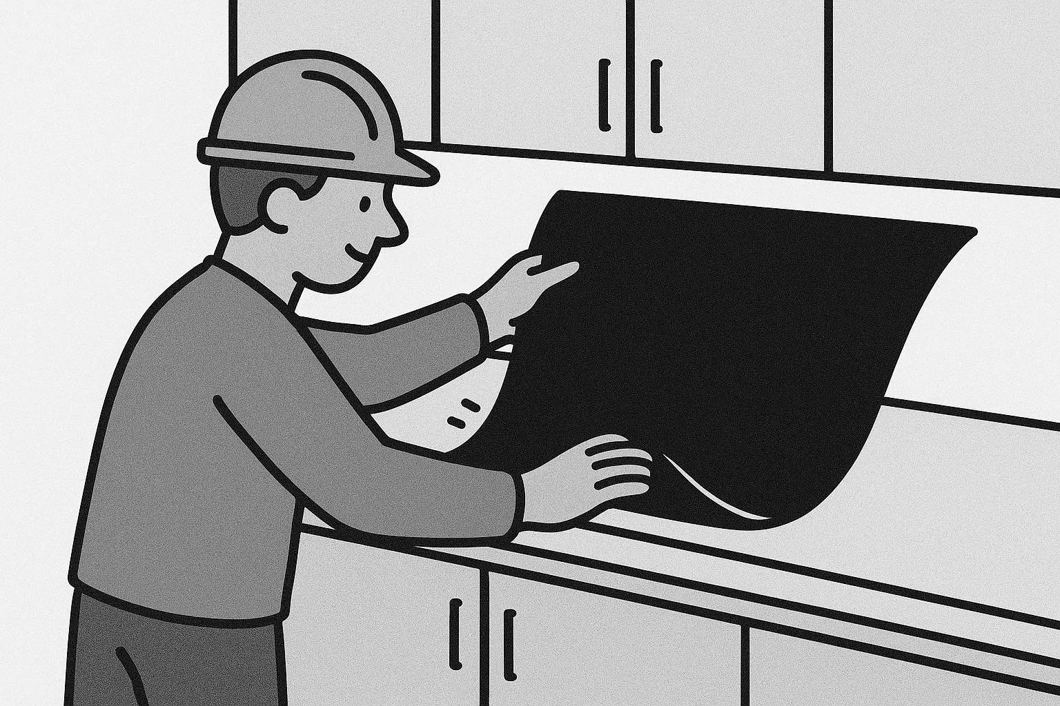 Cartoon figure of a worker wearing a safety helmet installing or removing a black sheet over kitchen cabinets and countertop.