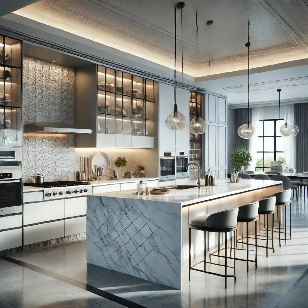 Modern white kitchen with marble island, black bar stools, pendant lights, and built-in ovens.