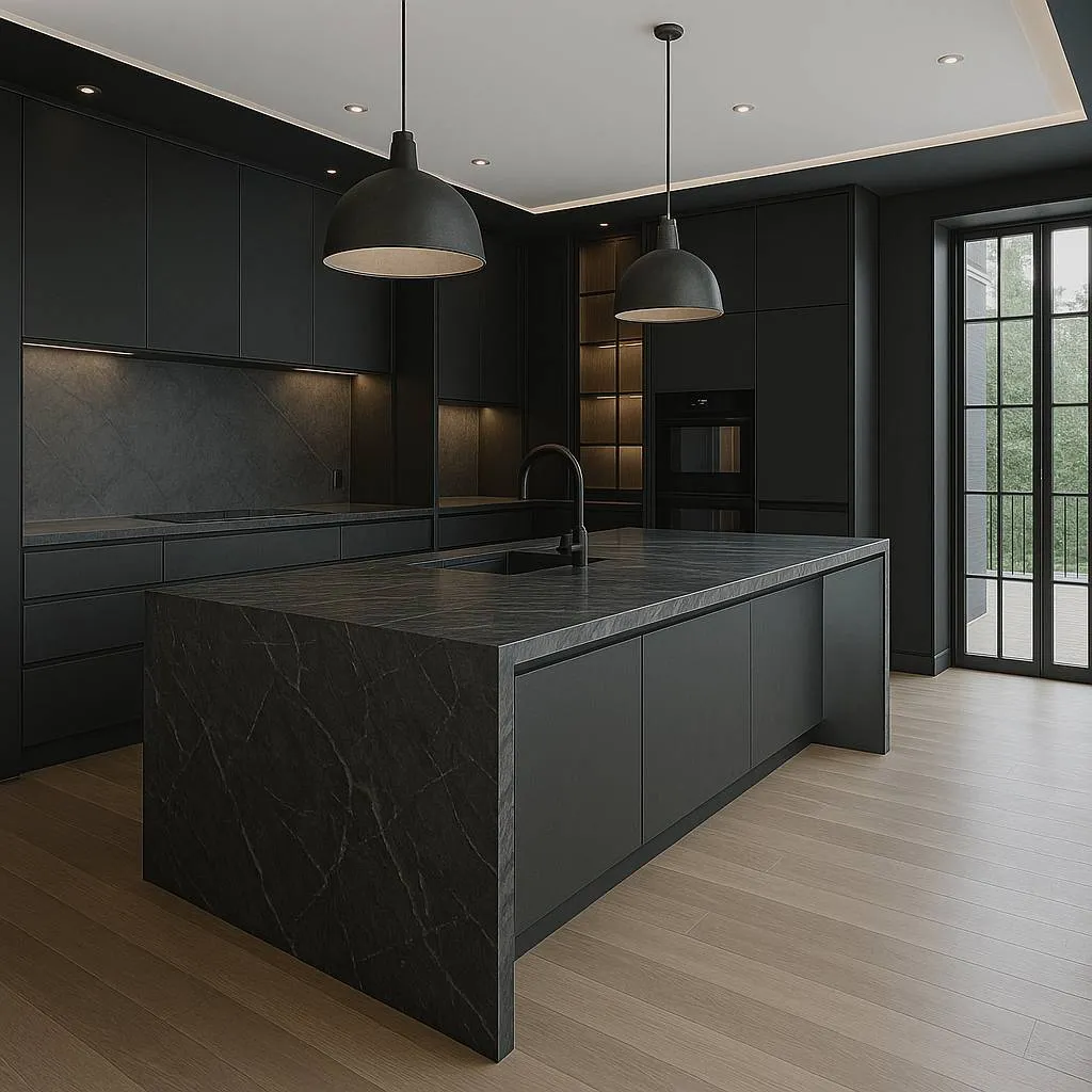Modern kitchen with black cabinetry, a large black marble island, pendant lights, and a floor-to-ceiling window.