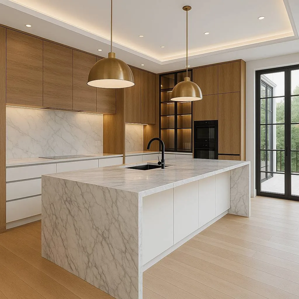 Modern kitchen with a large marble island, wooden cabinets, black faucet, and gold pendant lights.