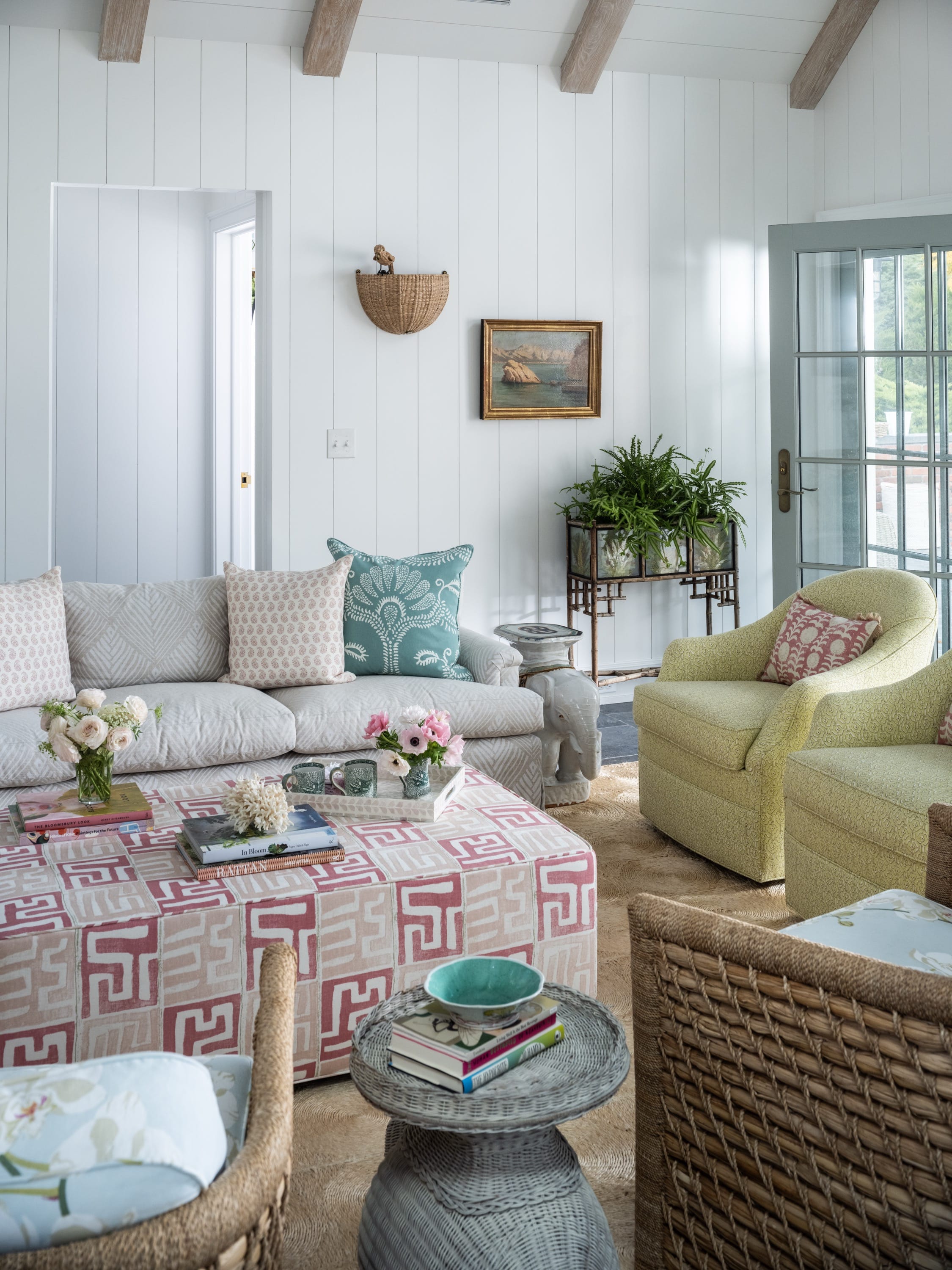 Pool house living room designed by Brooke Crew Interiors.