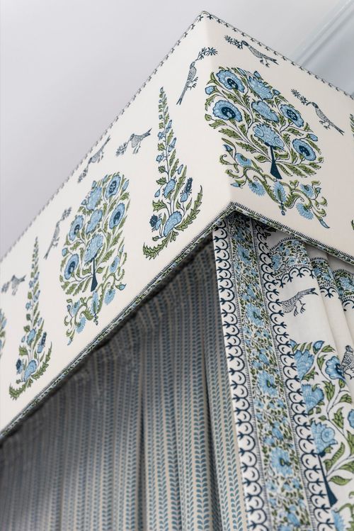 Close-up of patterned bed canopy.