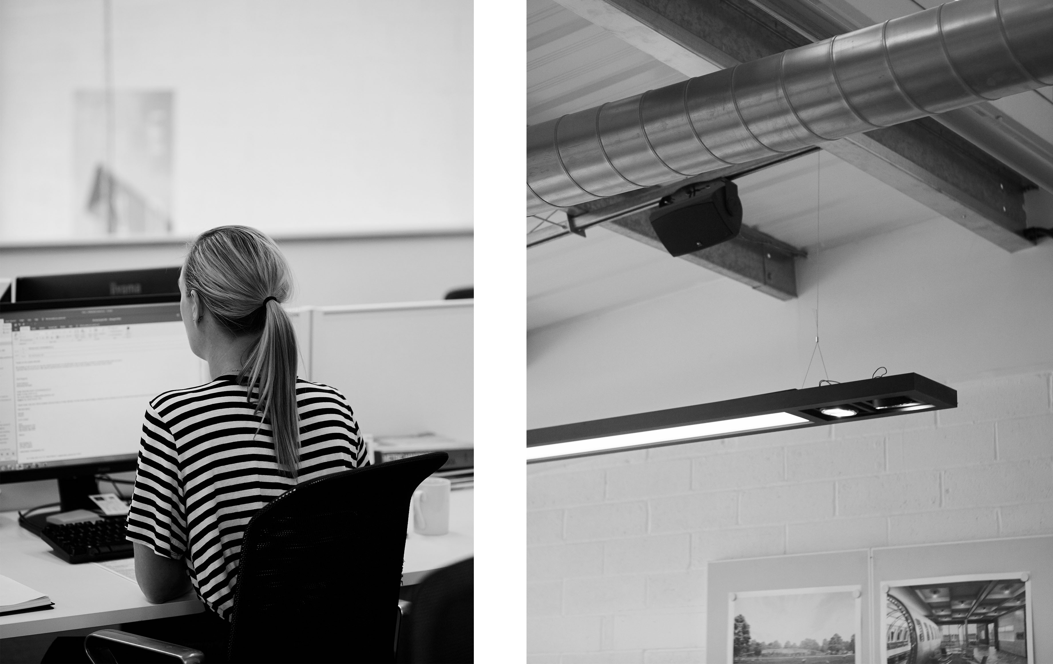 Two photo image, split in the middle. Left side showing a B&W photo of a woman, back towards the camera, working on a computer. Right side showing a B&W photo of a close up of services running by in the open ceiling.