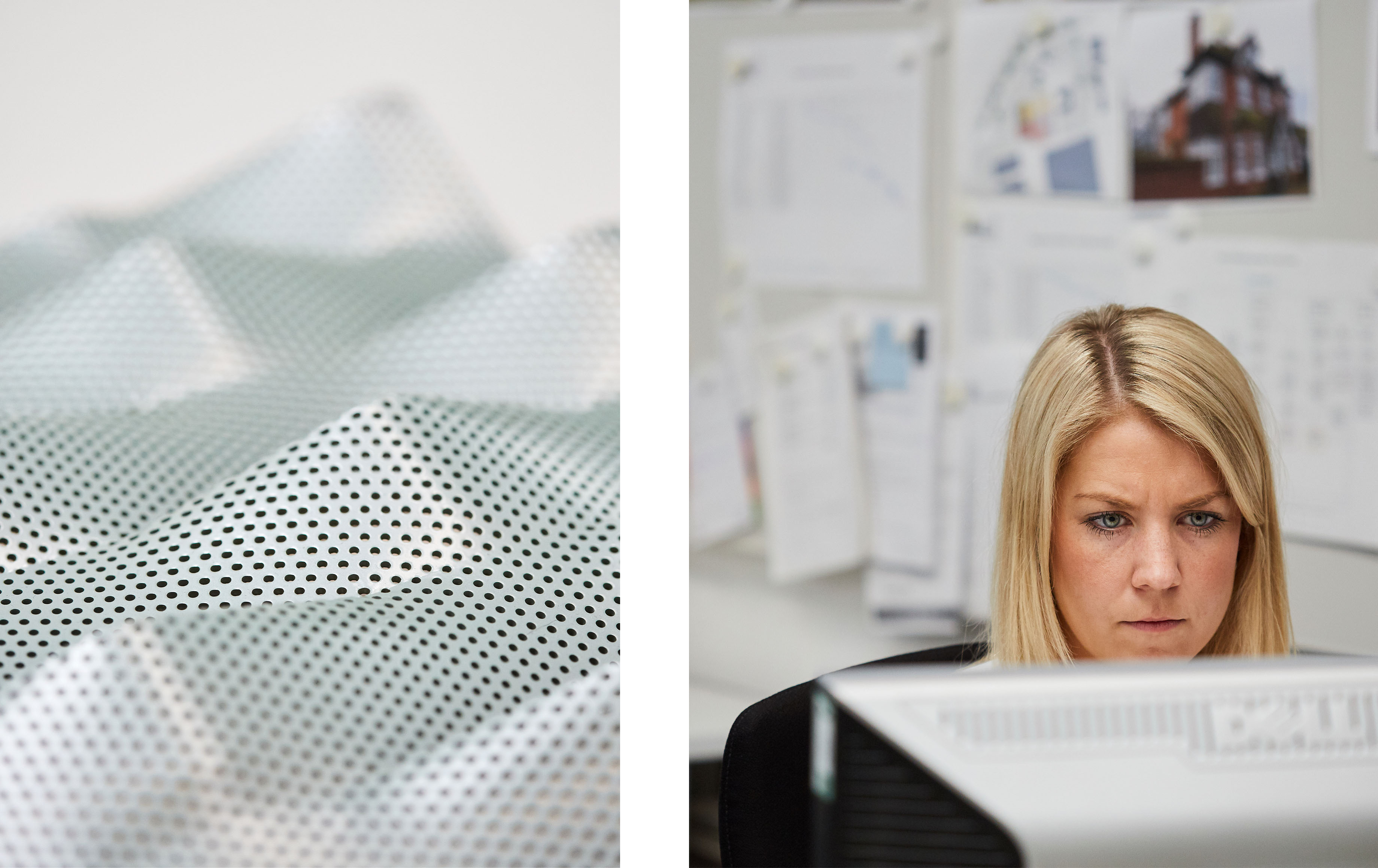 Two photo image, split in the middle. Left side showing a close up of a facade material. Right side showing a woman working behind a computer screen.