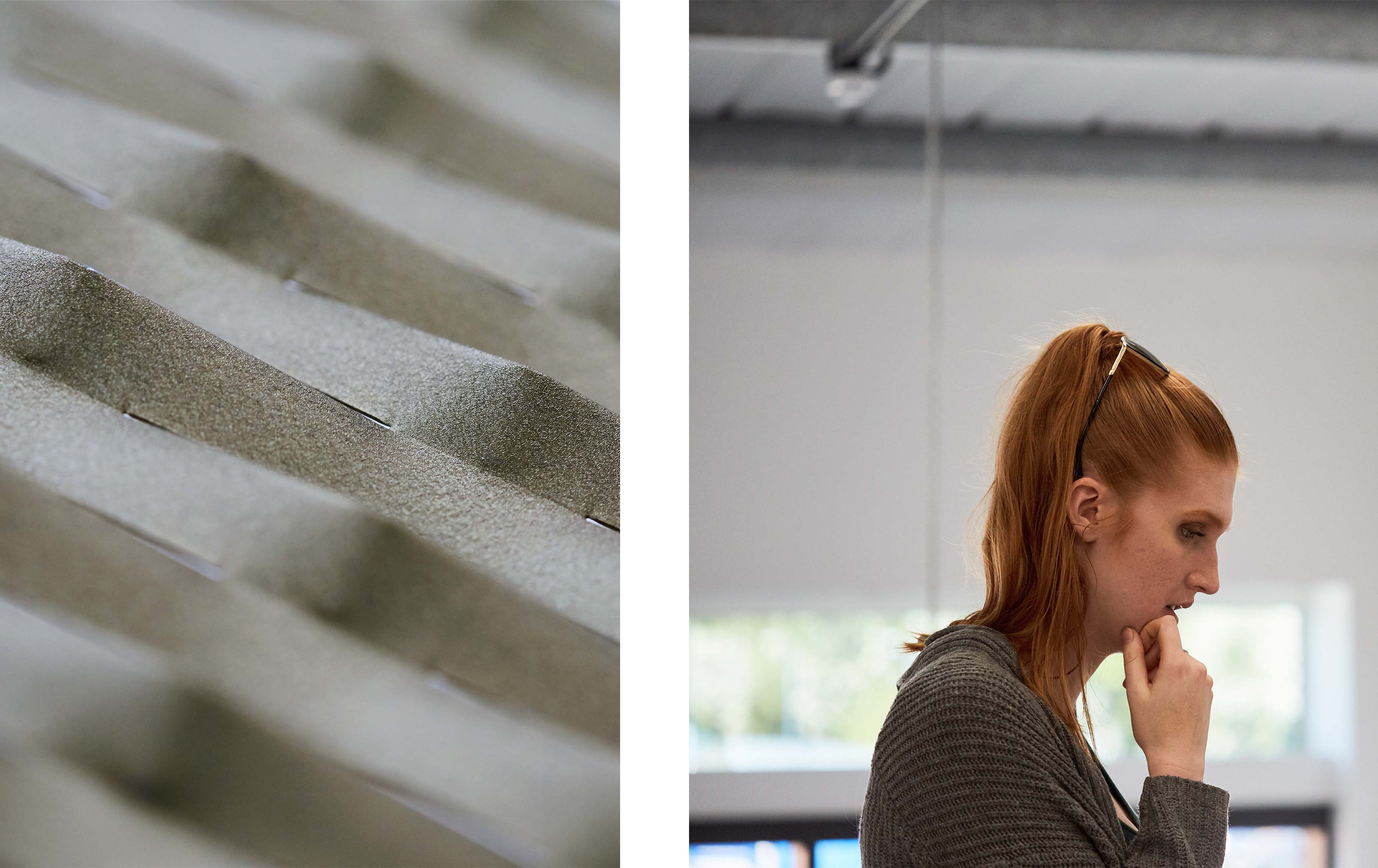 Two photo image, split in the middle. Left side showing a close up of a facade material. Right side showing a woman talking to a colleague in the studio.