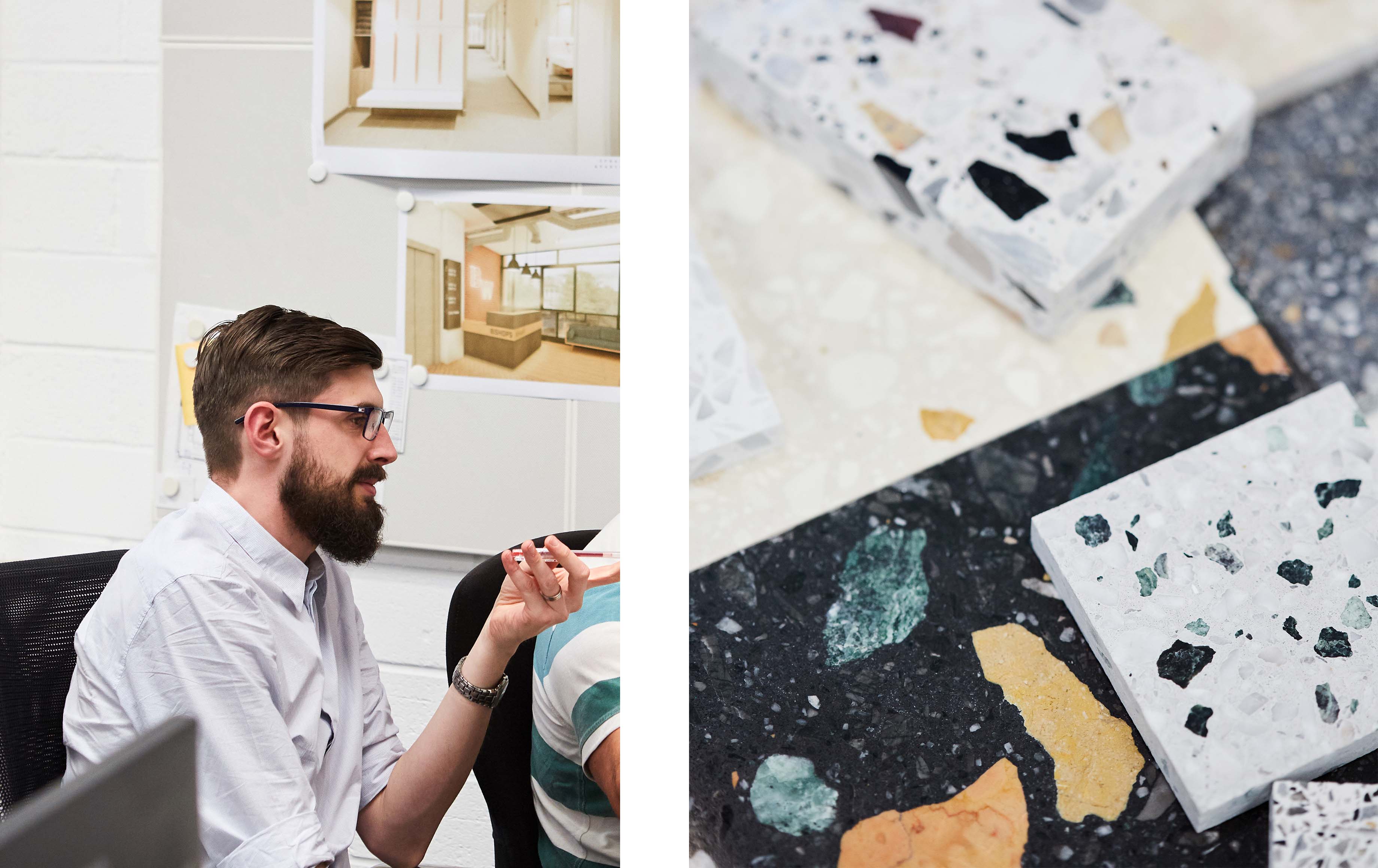 Two photo image, split in the middle. Left side showing a man giving feedback to a colleague. Right side showing a close up of several terrazzo tiles.
