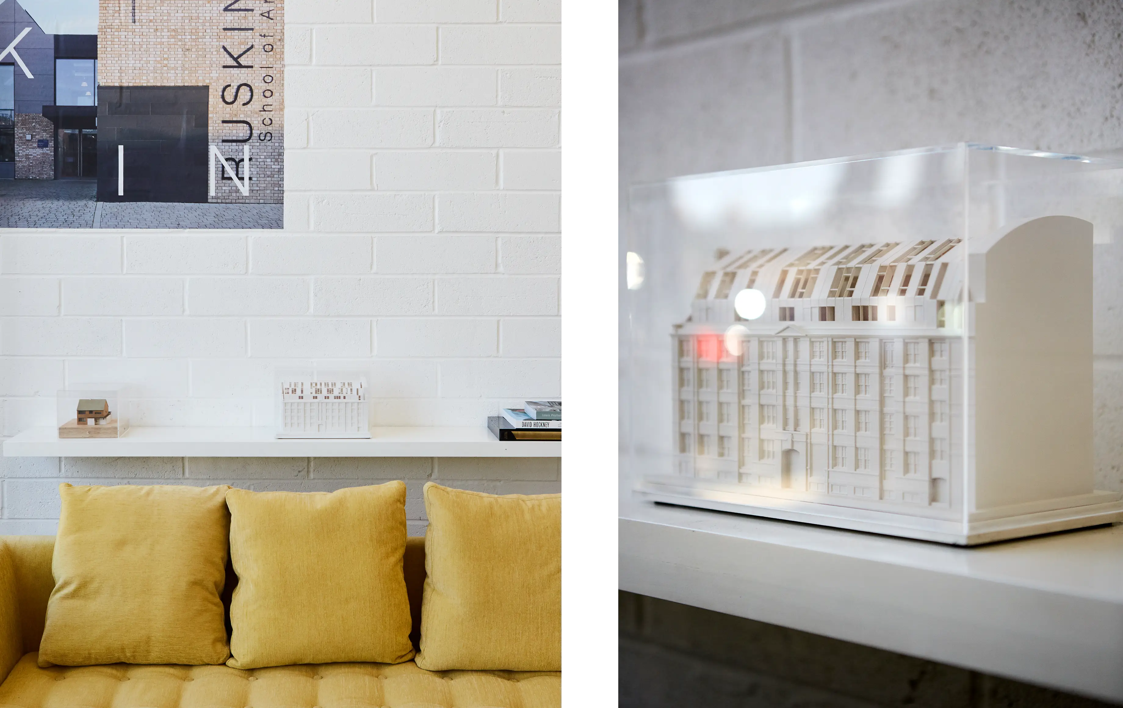 Two photo image, split in the middle. Left side showing an interior detail with a yellow sofa and a project poster in the corner. Right side showing a close up on a physical model done in the practice. 