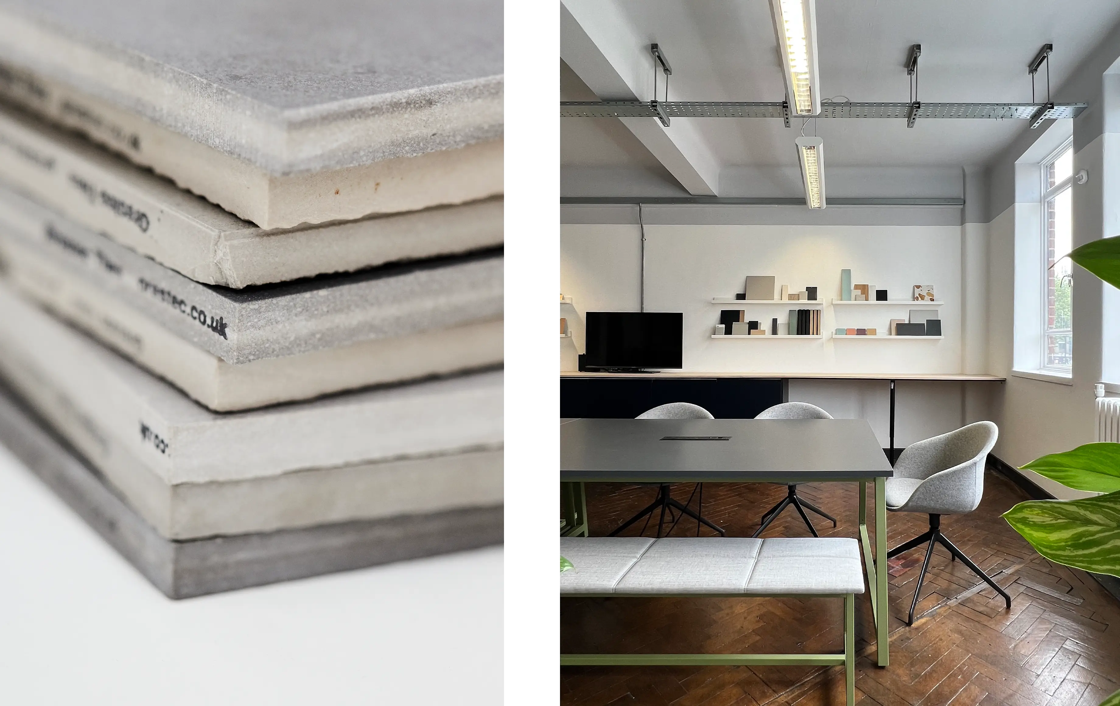 Two photo image, split in the middle. Left side showing a stack of concrete tiles. Right side, an interior of the practice's studio in Bristol.