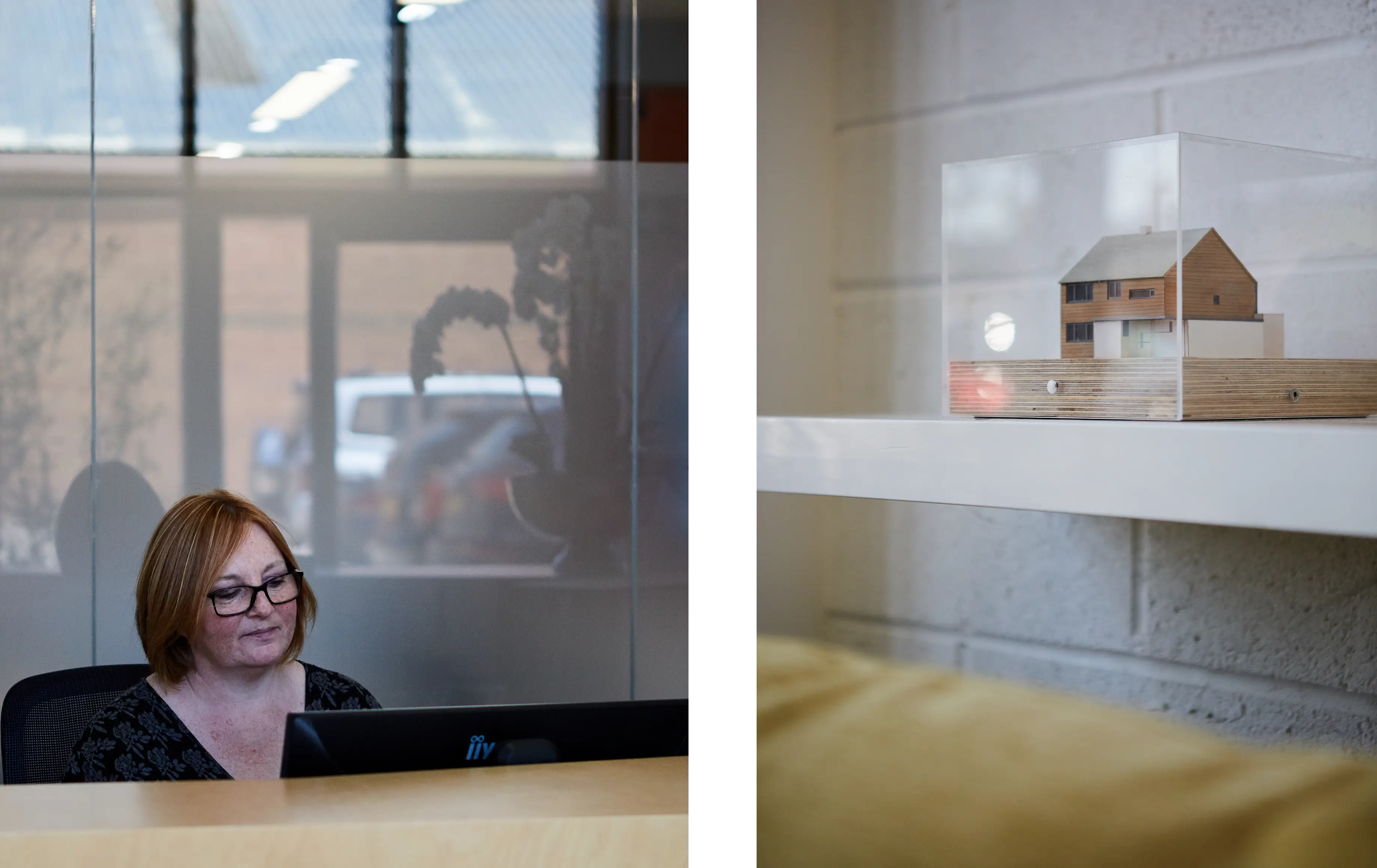 Two photo image, split in the middle. Left side showing a woman working behind a computer. Right side showing a close up of a physical model.