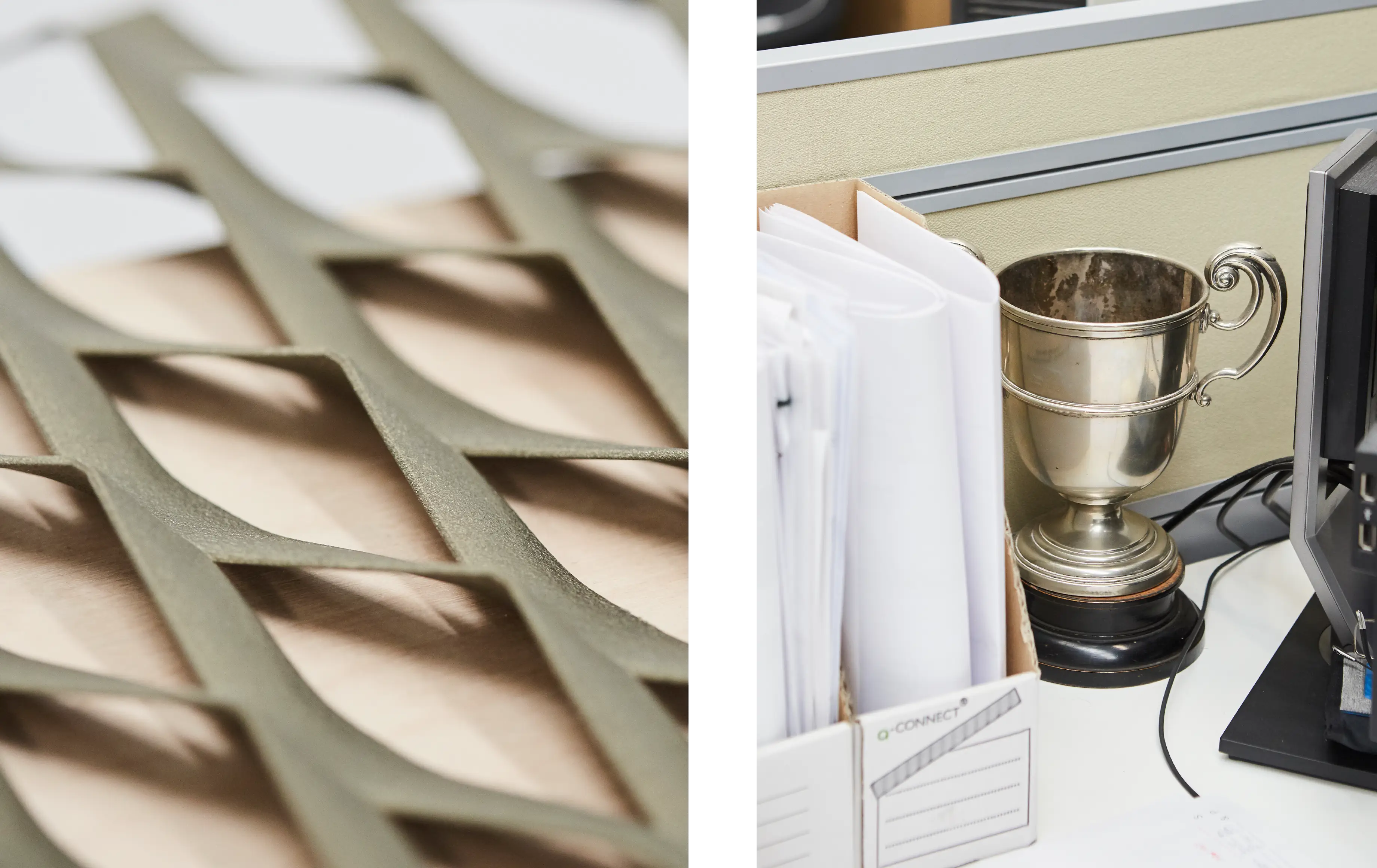Two photo image, split in the middle. Left side showing a close up of a material for a facade. Right side showing a close up of a desk, highlighting a small trophy.