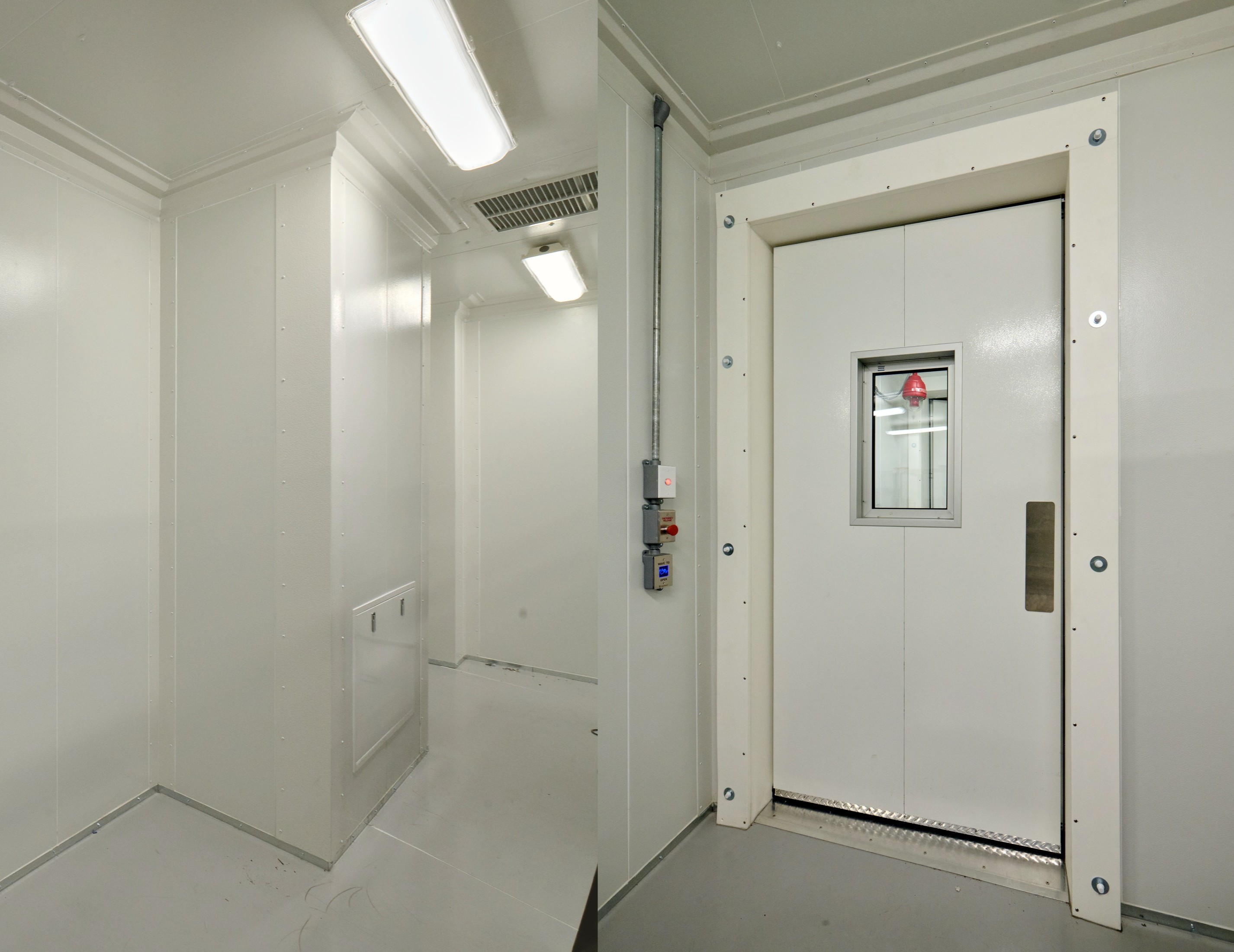 Illustrated rendering of a modular cleanroom facility, designed for use in biopharmaceutical or advanced manufacturing environments. The layout includes multiple segregated entry and operational zones, each with flush doors and vision panels for visibility and contamination control. The structure features cleanroom-grade wall panels. The modular design allows for rapid deployment, scalability, and compliance with ISO or GMP standards, making it ideal for clean environments such as gene therapy, cell therapy, or sterile fill-finish operations.
