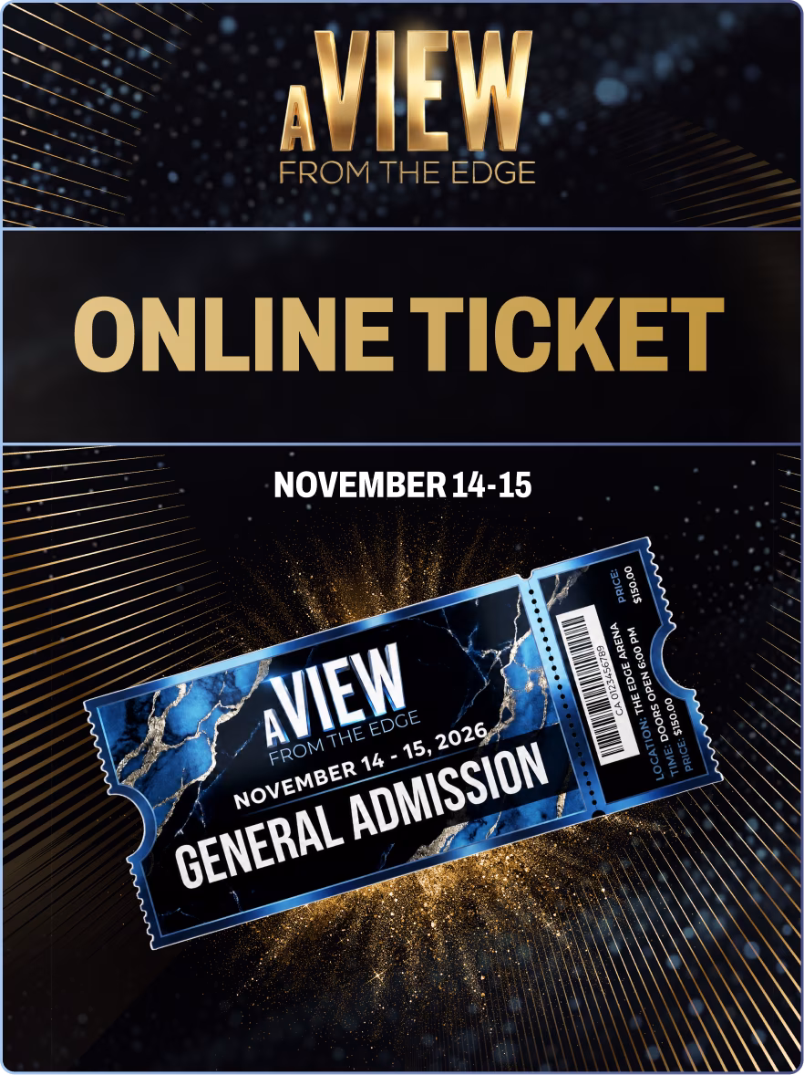 Promotional ticket graphic for 'A View from the Edge' event, showing event dates November 14-15, 2026, with a blue and gold theme and labeled 'General Admission' and 'Online Ticket'.