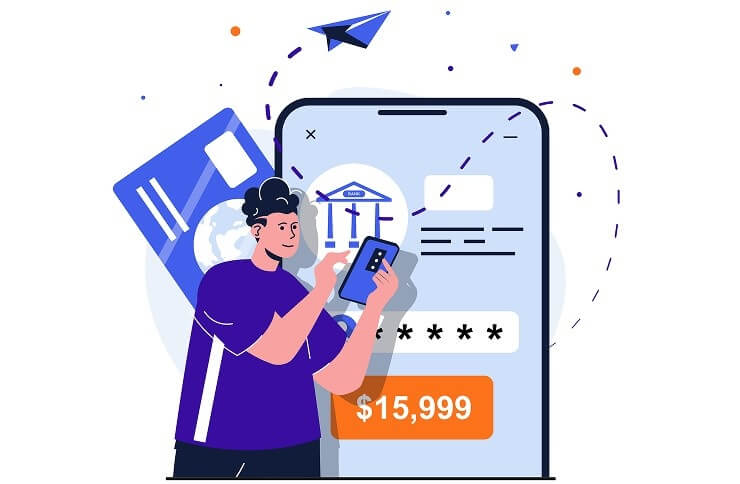 Illustration of a person using a smartphone for an online bank transaction, with a credit card, assisted by an AI automation workflow