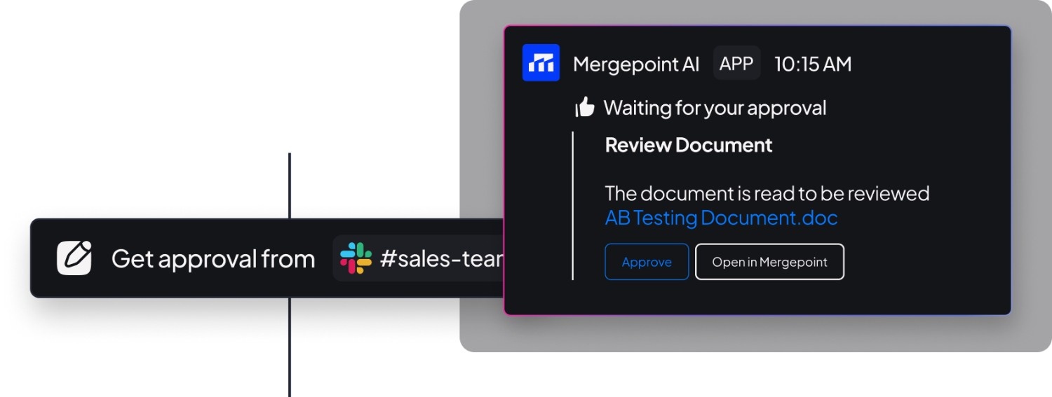 An image of Mergepoint’s AI automation workflow with a “Waiting for Approval” step from the Slack sales team.