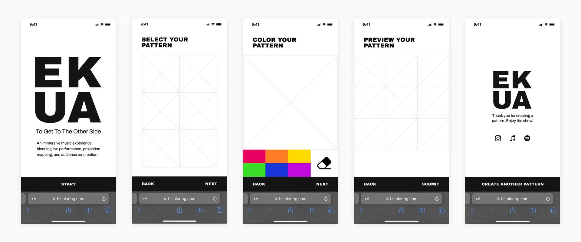 Five mobile app screens showing a pattern creation flow: welcome screen with EKUA logo and description, pattern selection grid, pattern coloring interface with color palette, pattern preview grid, and final screen with thank you message and social media icons.