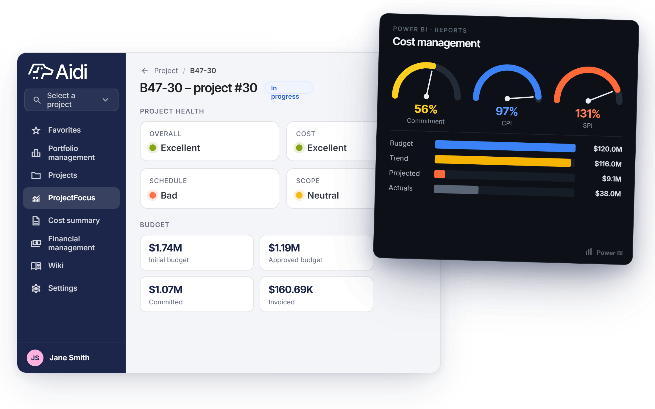 Aidi reporting dashboard — capital project cost summary and Power BI analytics