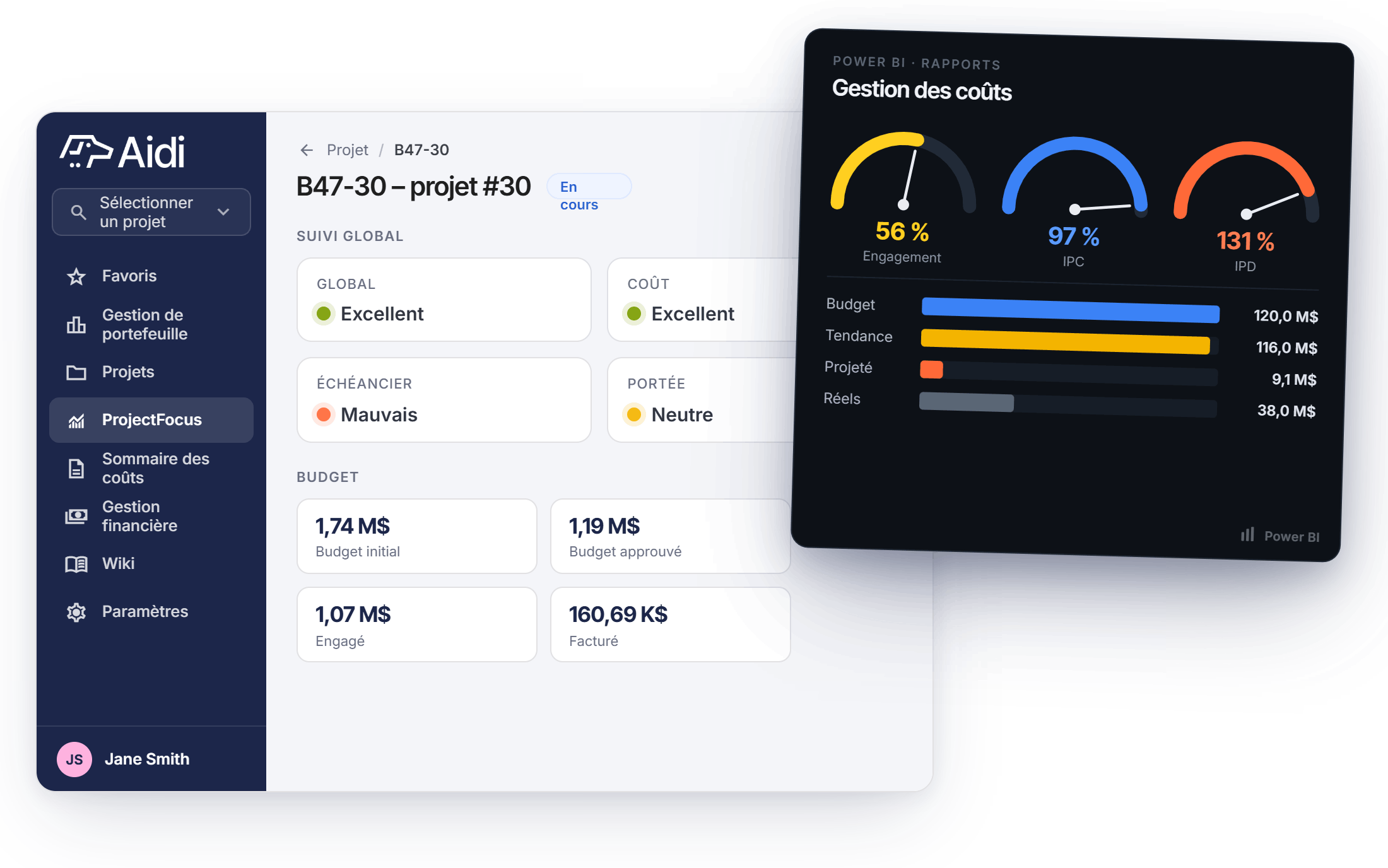 Tableau de bord de reporting Aidi — Synthèse des coûts des projets d'investissement et analyses Power BI