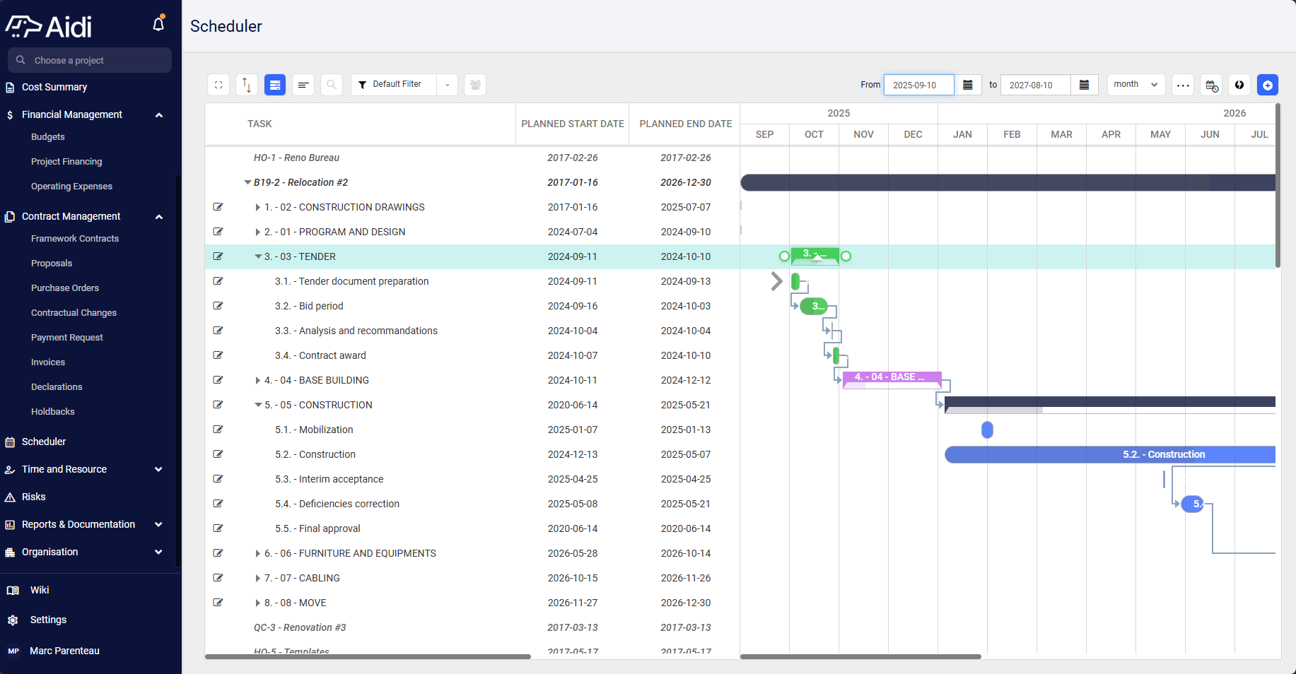 Aidi Scheduler module showing a capital project Gantt chart, with budgets, contracts and portfolio in one platform
