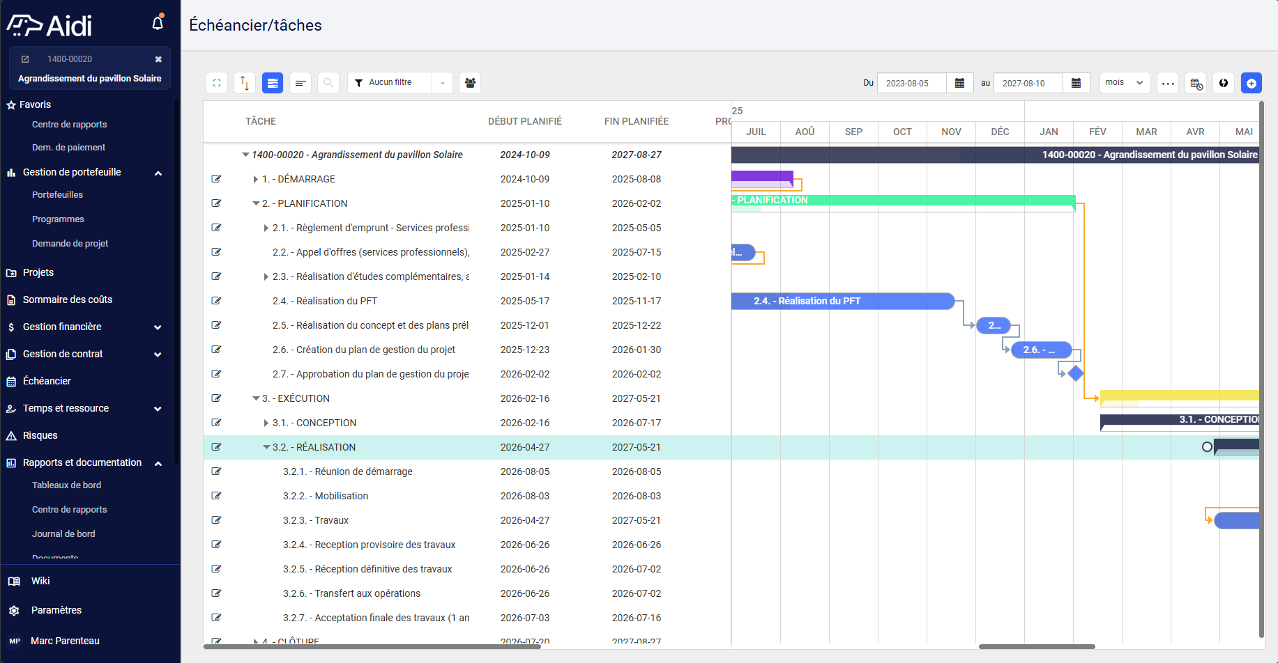 Module Échéancier d'Aidi affichant un diagramme de Gantt de projet d'immobilisations, avec budgets, contrats et portefeuille dans la même plateforme