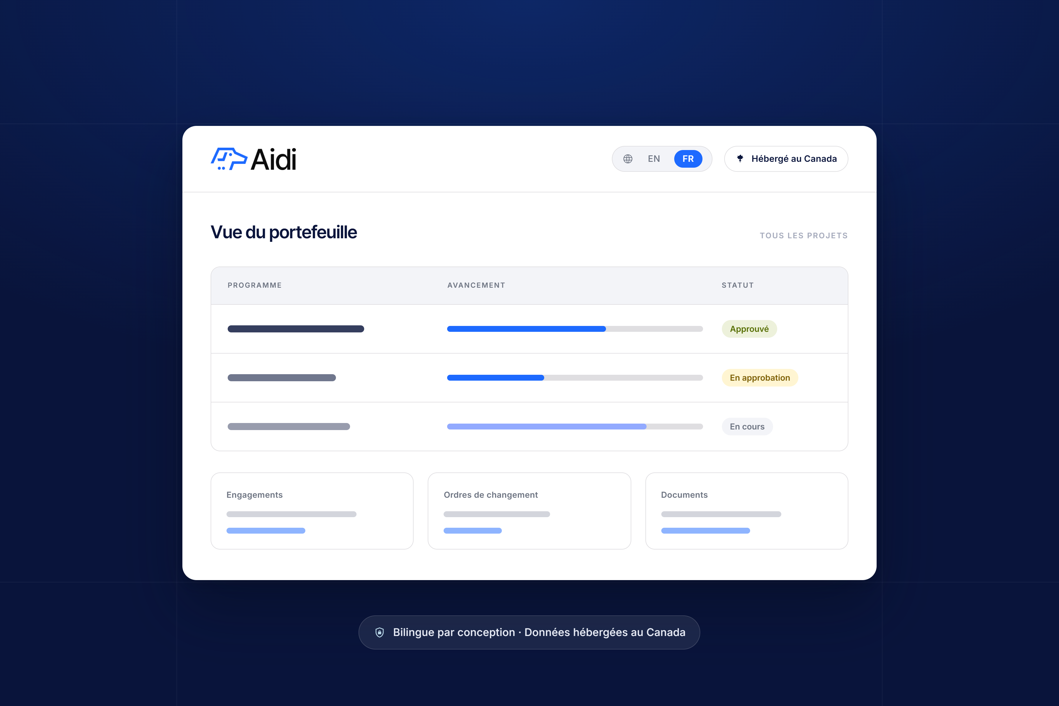 Interface de la plateforme Aidi avec option de basculement entre l'anglais et le français et badge d'hébergement au Canada, destinée aux donneurs d'ouvrage de projets d'immobilisation