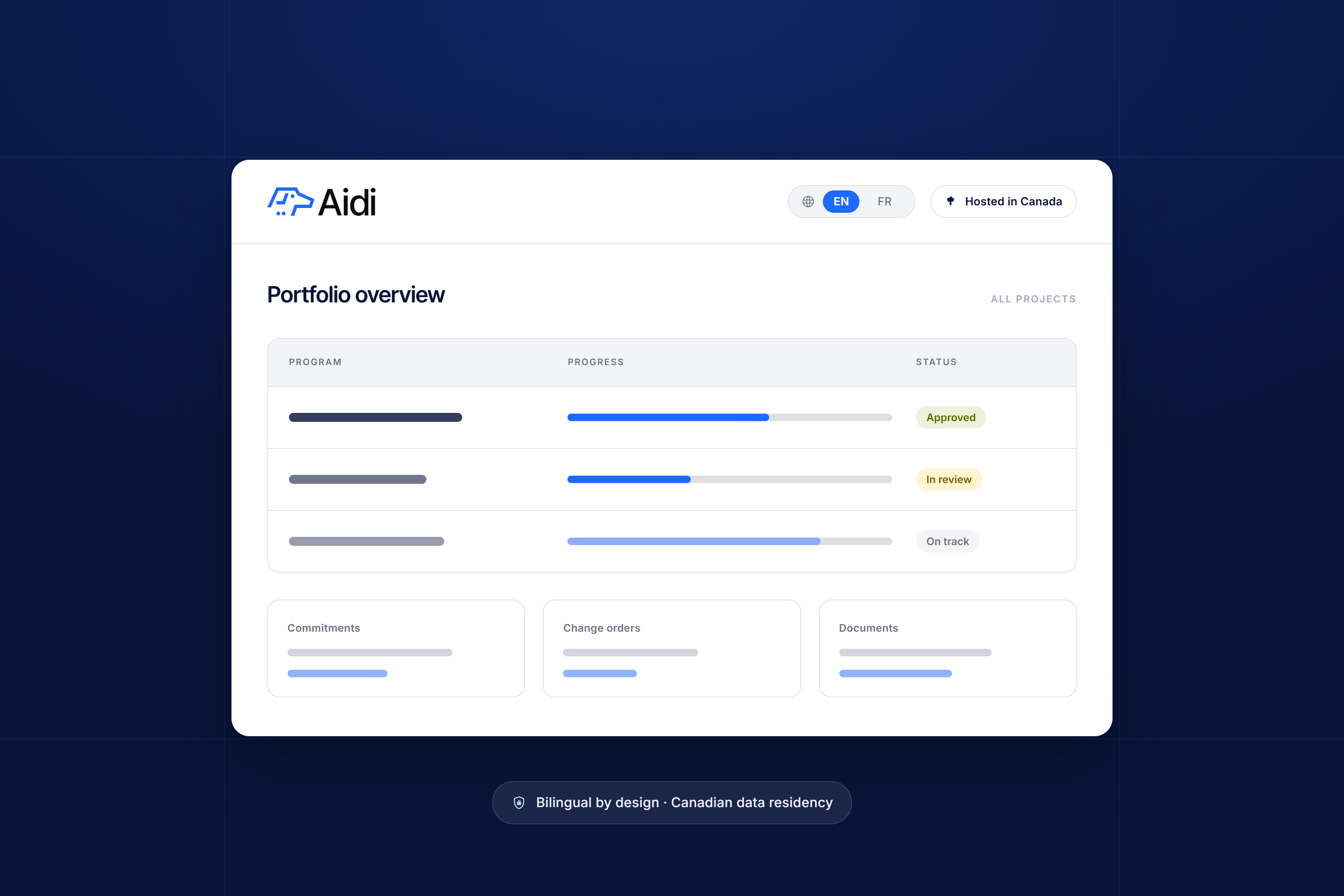 Aidi platform interface with English and French language toggle and a Canada hosting badge, for capital project owners