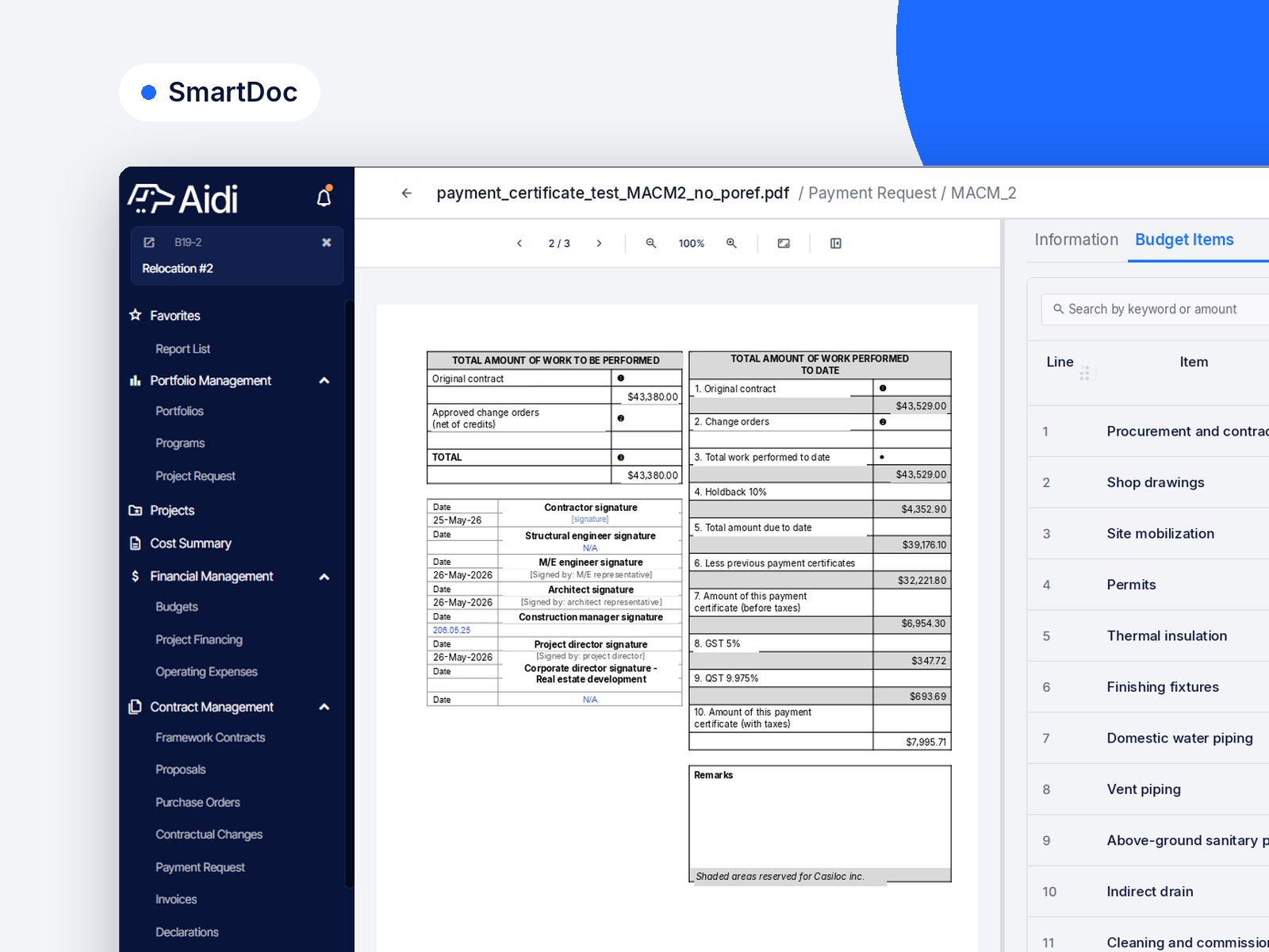 Aidi SmartDoc matching the lines of a payment certificate to capital project budget items