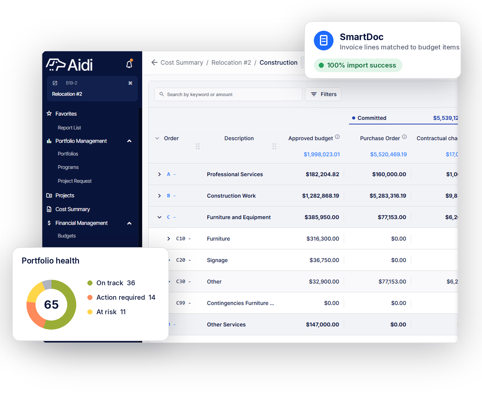 Aidi platform for capital project owners: cost summary with SmartDoc invoice matching and portfolio health overview