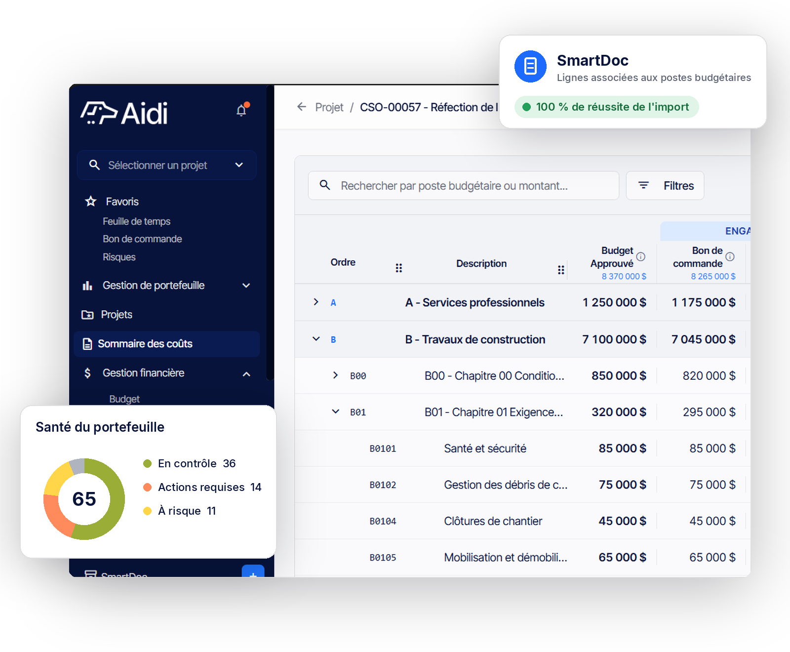 La plateforme Aidi destinée aux donneurs d'ouvrage de projets d'immobilisation : sommaire des coûts avec recoupement des factures via SmartDoc et aperçu de la santé du portefeuille