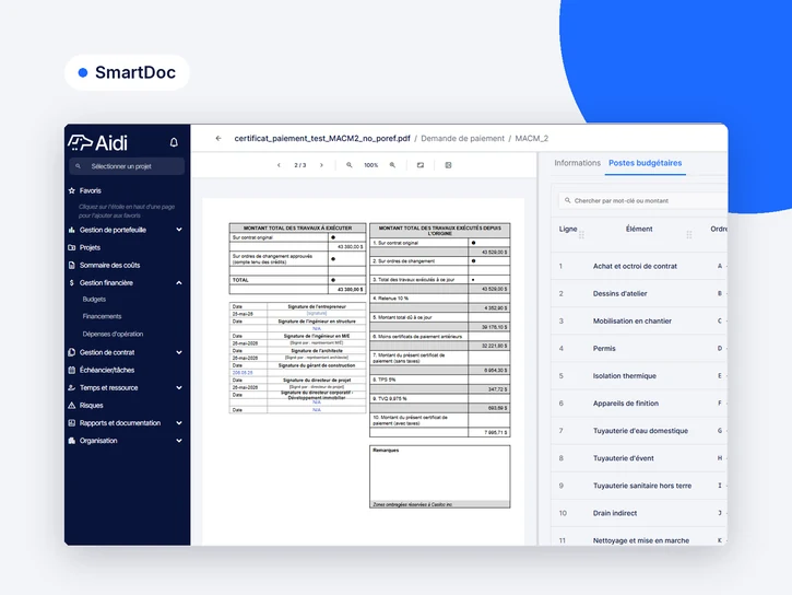 Aidi SmartDoc : mise en correspondance des lignes de facture avec les postes budgétaires des projets d'immobilisation