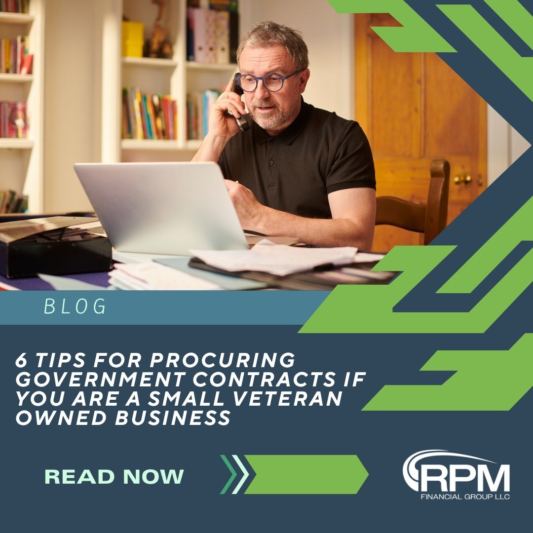 Blog graphic showing a person working at a laptop with documents, promoting tips for procuring government contracts for veteran‑owned small businesses.