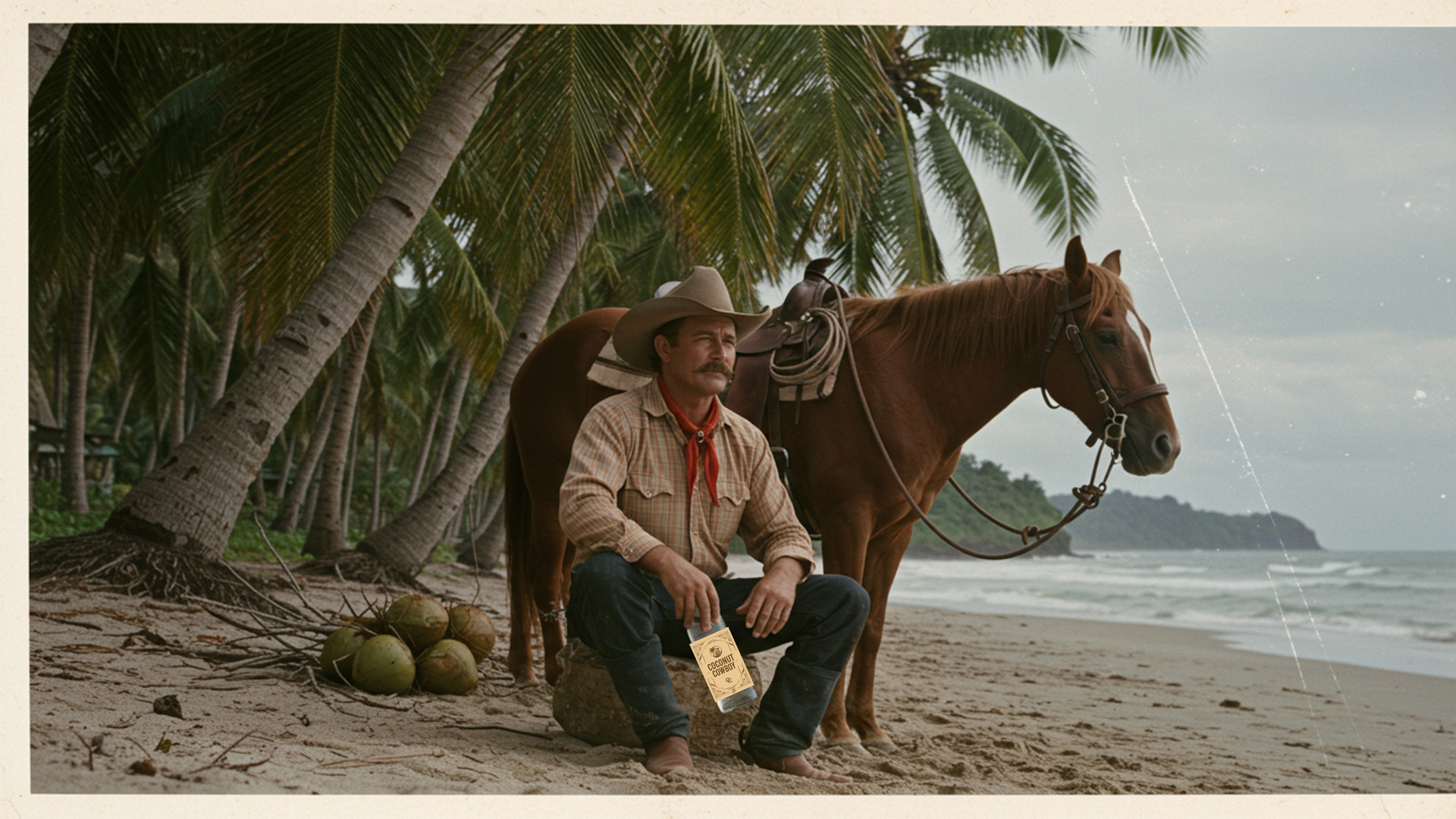 Cowboy holding bottle of Coconut Cowboy Vodka