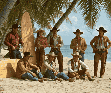 Photo of cowboys hanging around drinking Coconut Cowboy vodka
