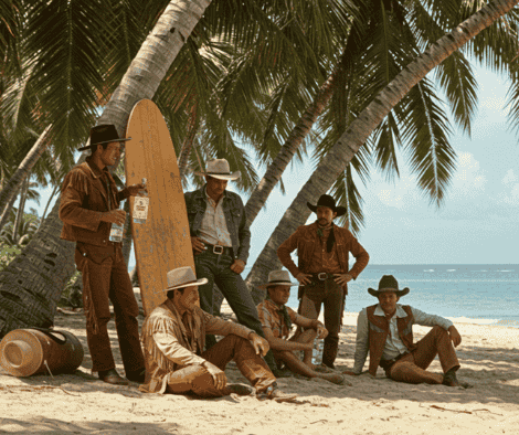 Cowboys hanging around drinking Coconut Cowboy Vodka