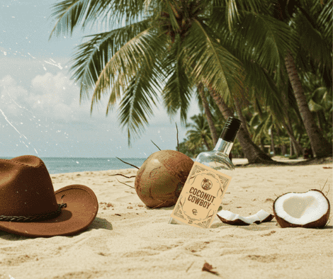 Photo of cowboy holding a bottle of Coconut Cowboy vodka