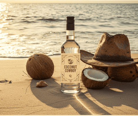Photo of a cowboy hat, a bottle of Coconut Cowboy vodka, and coconuts laying in the sand